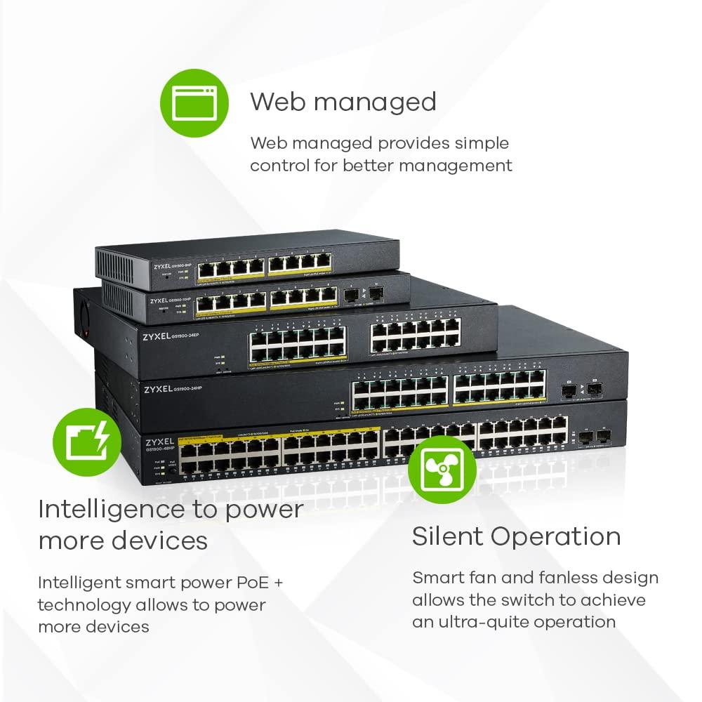 Zyxel 24-pordiline Gigabit-switch | Nutikas hallatav | Laua- ja rack-montaaž | Vaikne ventilaatorita disain | VLAN, IGMP, QoS [GS1900-24E] – kasutusnäide