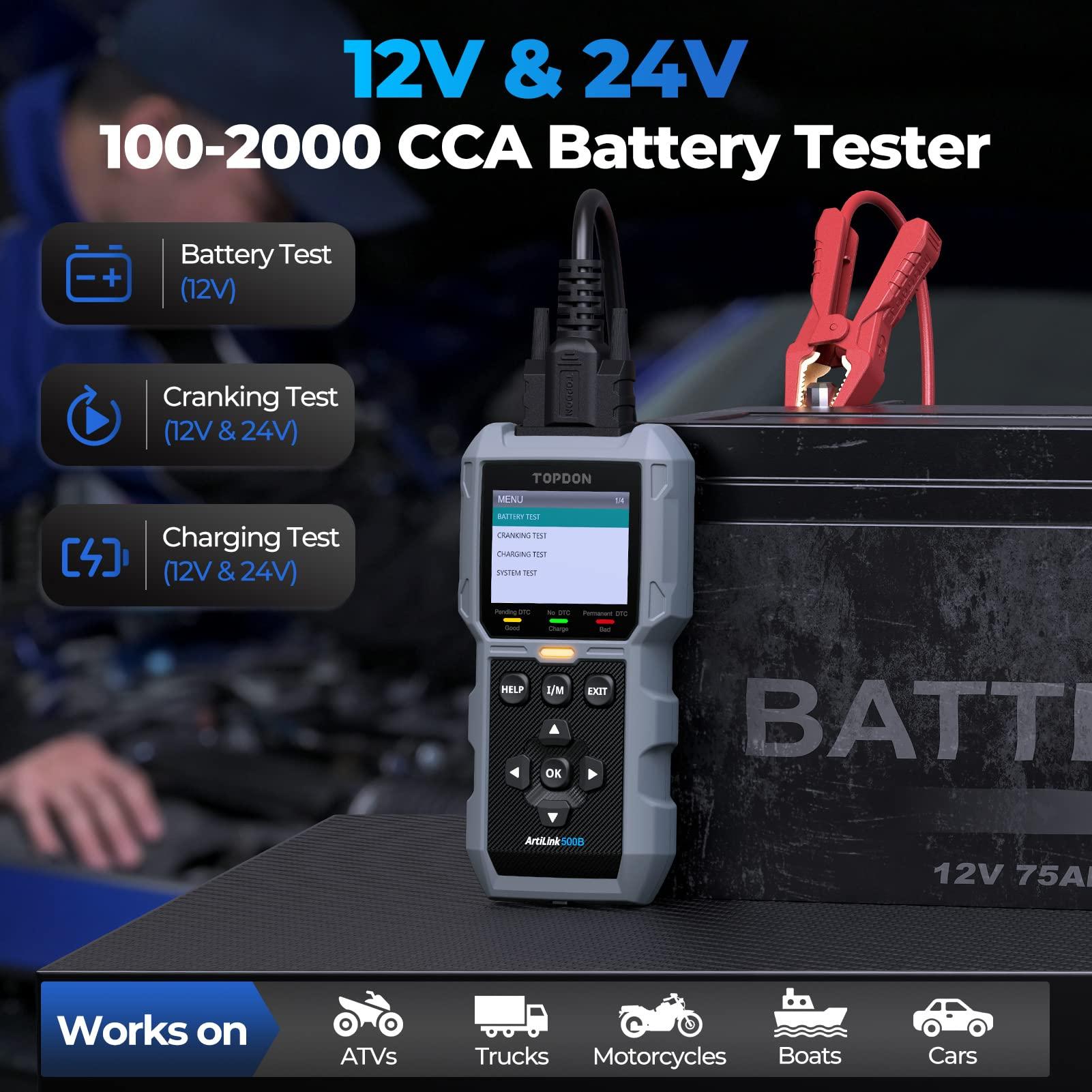 TOPDON AL500B OBD2 Diagnostikaseade ja akutestri 2-ühes, diagnostikaseade autole kõigi OBD2 funktsioonidega, 12V akude test, 12V/24V käivitus- ja laadimistest – lisavaade