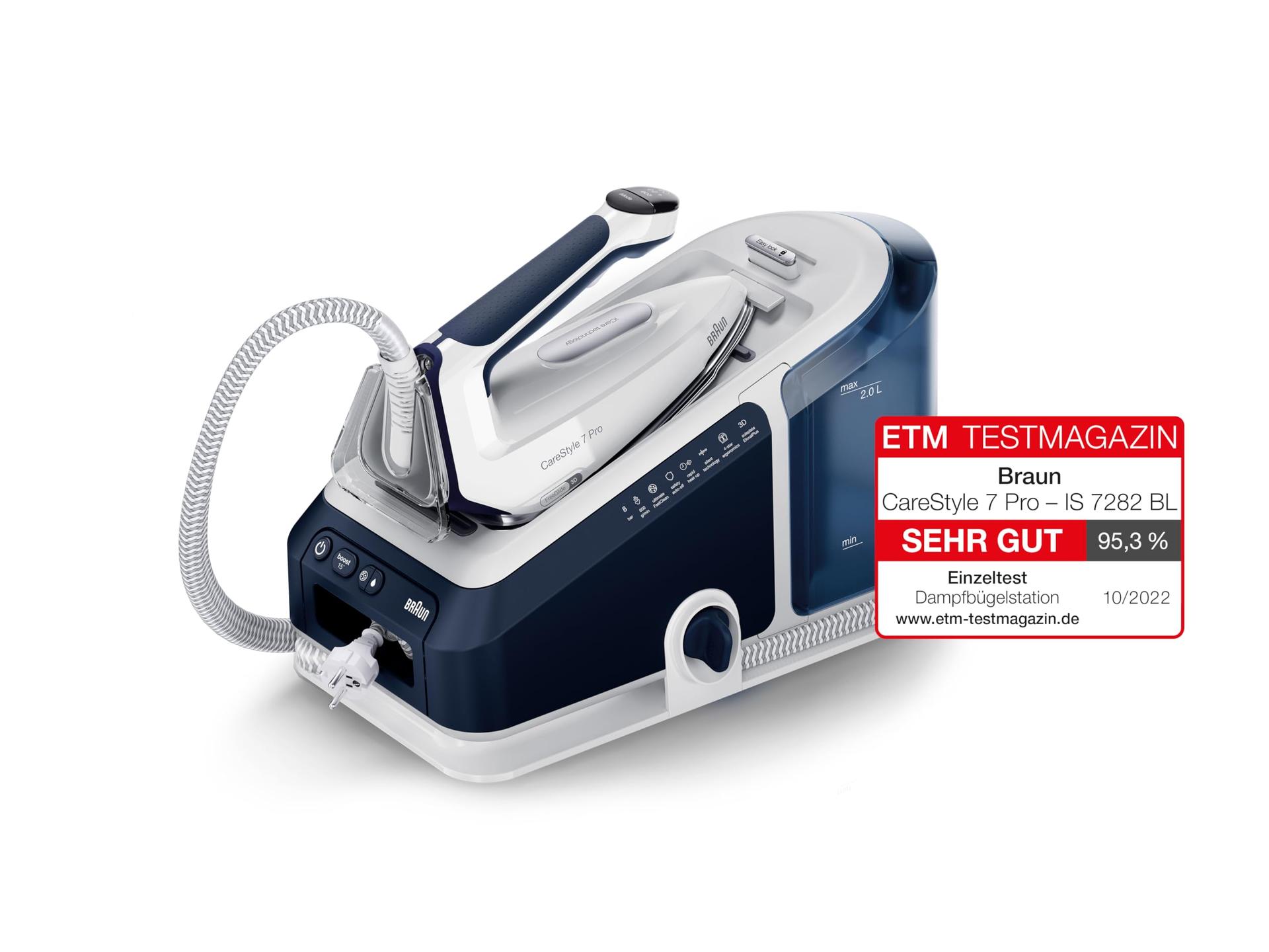 Braun CareStyle 7 Pro aurutriikimissüsteem IS 7282 BL – aurutriikraud FreeGlide 3D tallaga, iCare-funktsioon, eemaldatav 2 L veepaak, auruimpulss 600 g/min, 2700 W, sinine/valge – detailne vaade