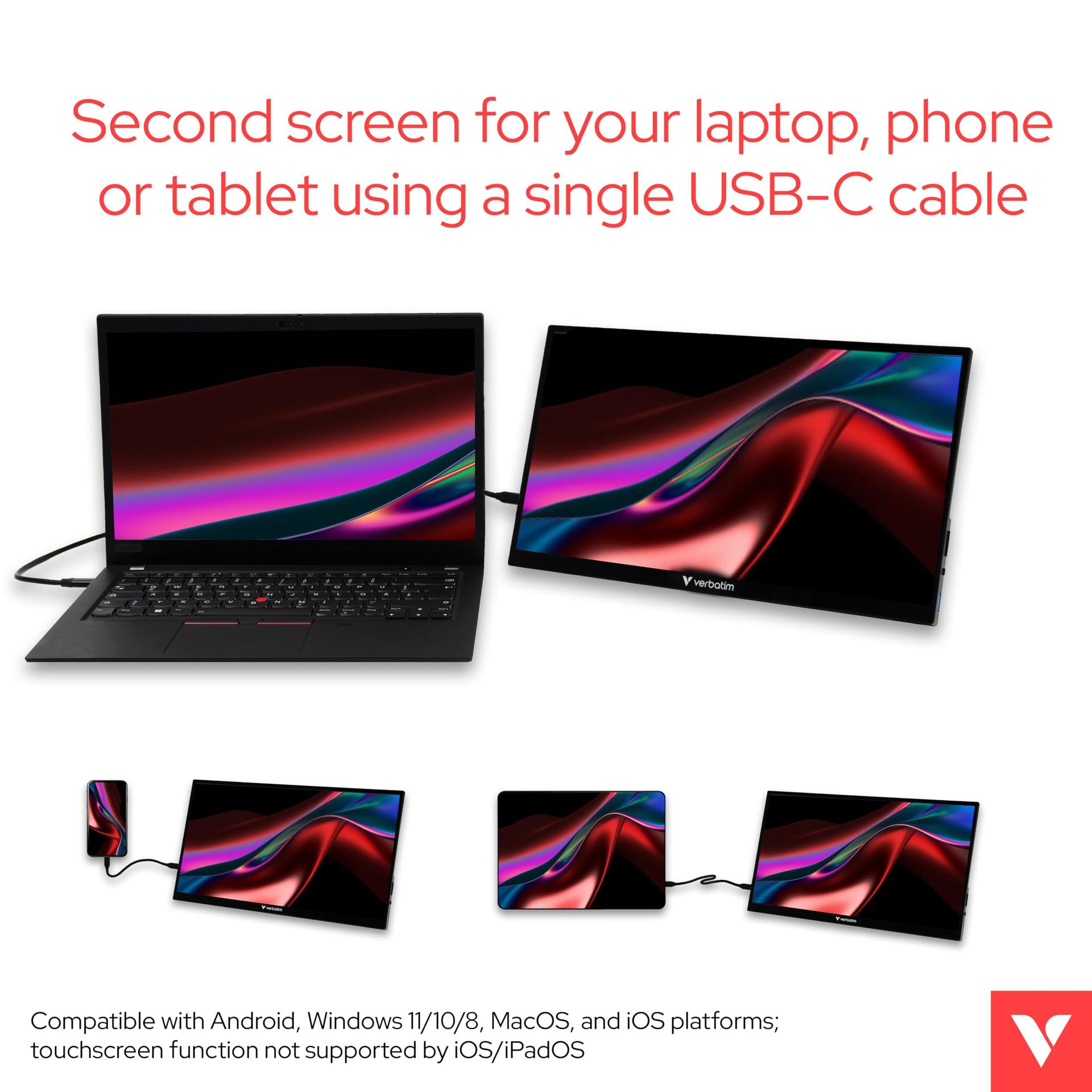 Verbatim PMT-15, kaasaskantav puutetundlik monitor, 15,6” Full HD ekraan sülearvutile, tahvelarvutile, nutitelefonile, PS5-le või Nintendo Switchile, USB-A, USB-C ja HDMI ühendustega, must – kasutusnäide