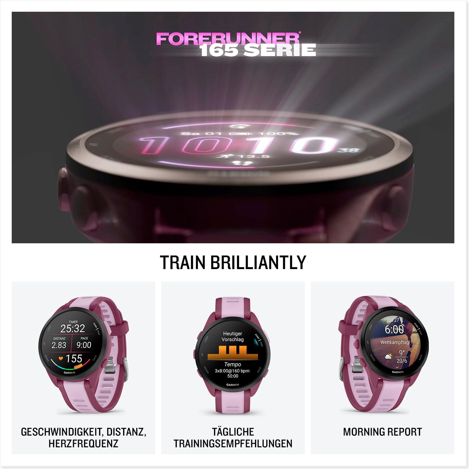 Garmin Forerunner 165 Music – kerge GPS-nutikell jooksjatele, 1,2″ AMOLED puuteekraan, treeningsoovitused, terviseandmed, nutikad funktsioonid ja muusika randmel – pakend ja tarvikud