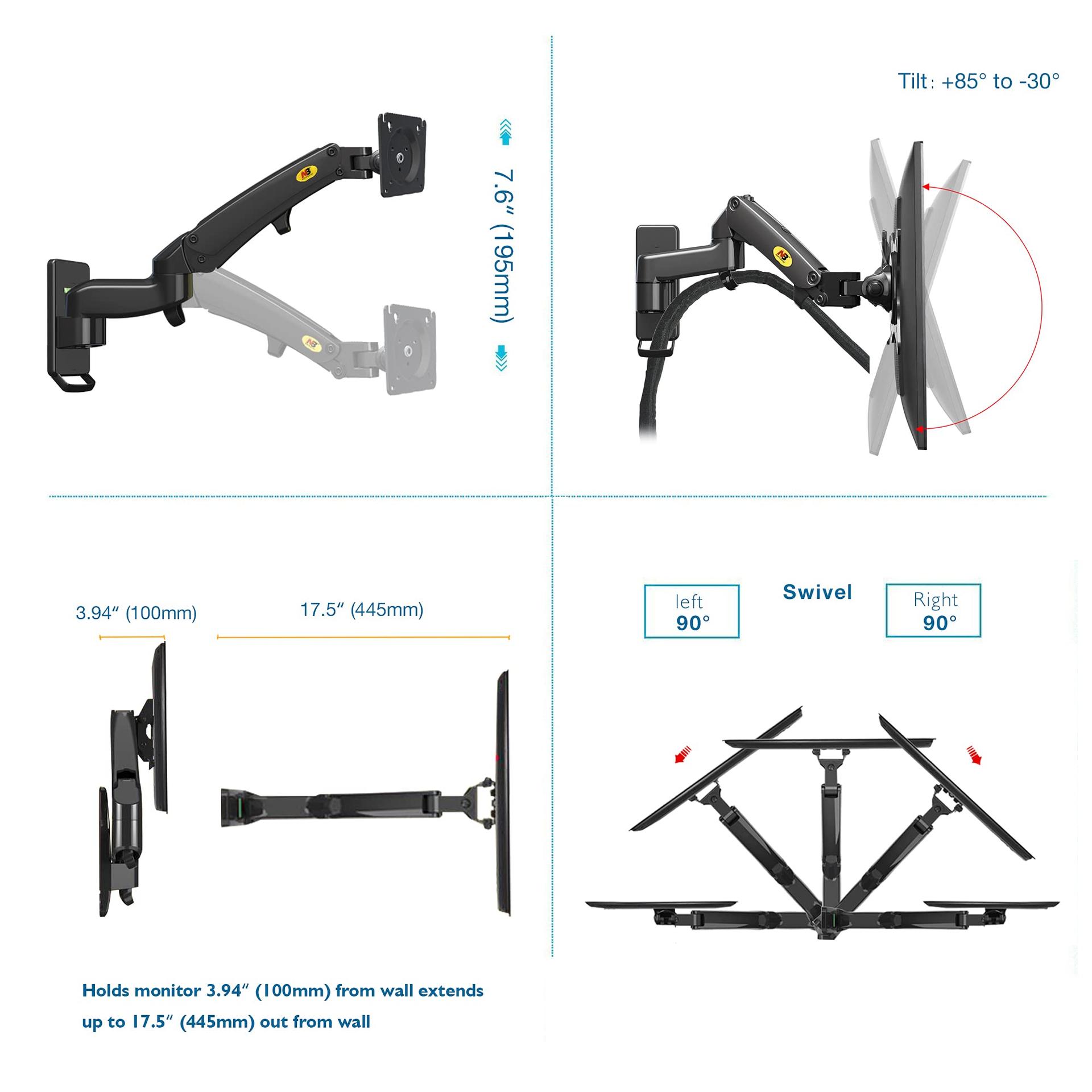 NB North Bayou monitori seinakinnitus, 17–35-tollistele ekraanidele, maksimaalne kandevõime 12 kg, VESA 75/100 mm, monitori käsivars F150 – pilt 7