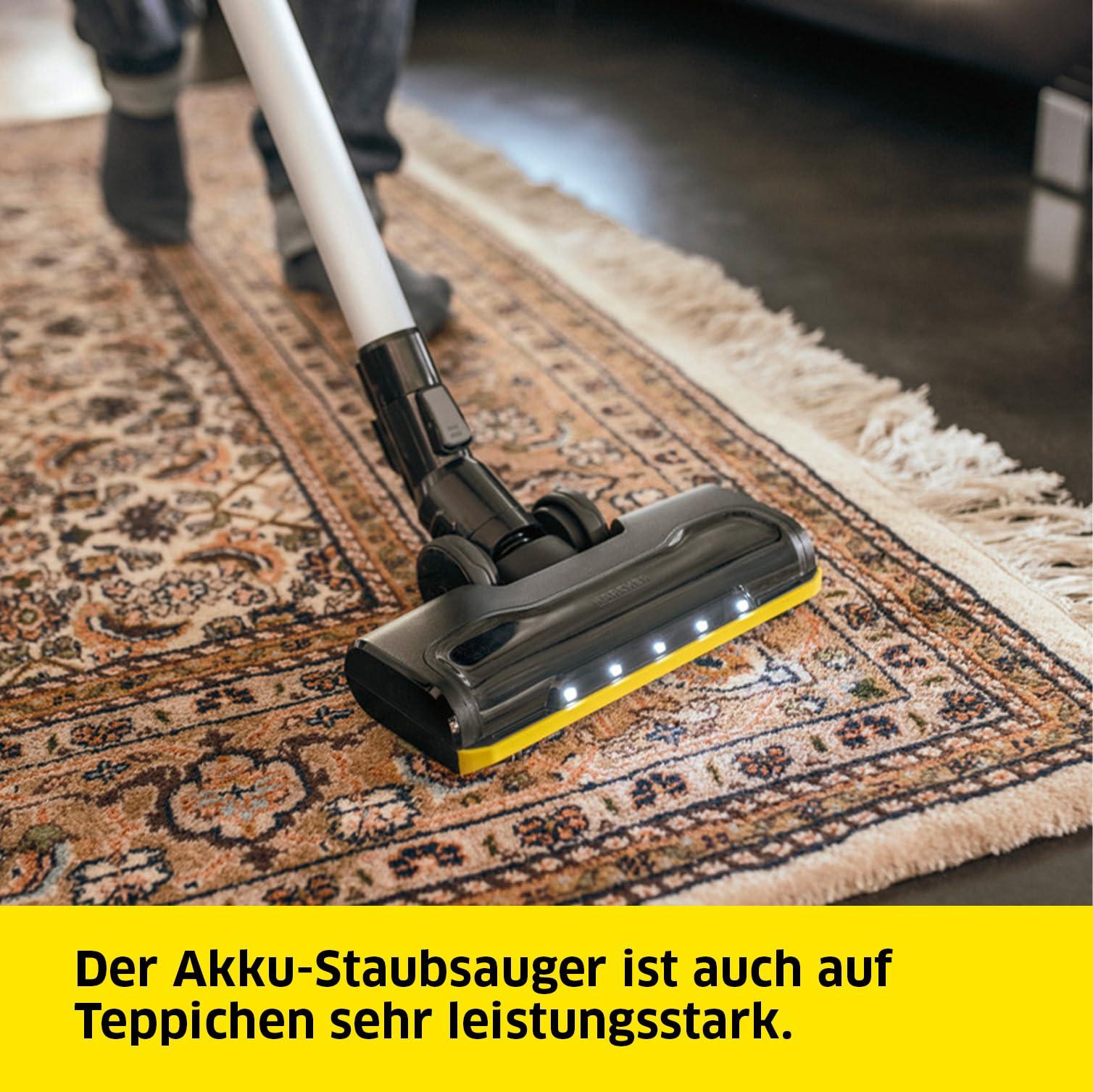 Kärcher juhtmevaba tolmuimeja VC 6 Cordless ourFamily, 2 imemisrežiimi, kuni 50 min tööaeg, kaal 2,8 kg, 25,2 V aku, seinakinnitus laadimisfunktsiooniga, põranda- ja piludüüs, tolmuhari, valge – pakend ja tarvikud