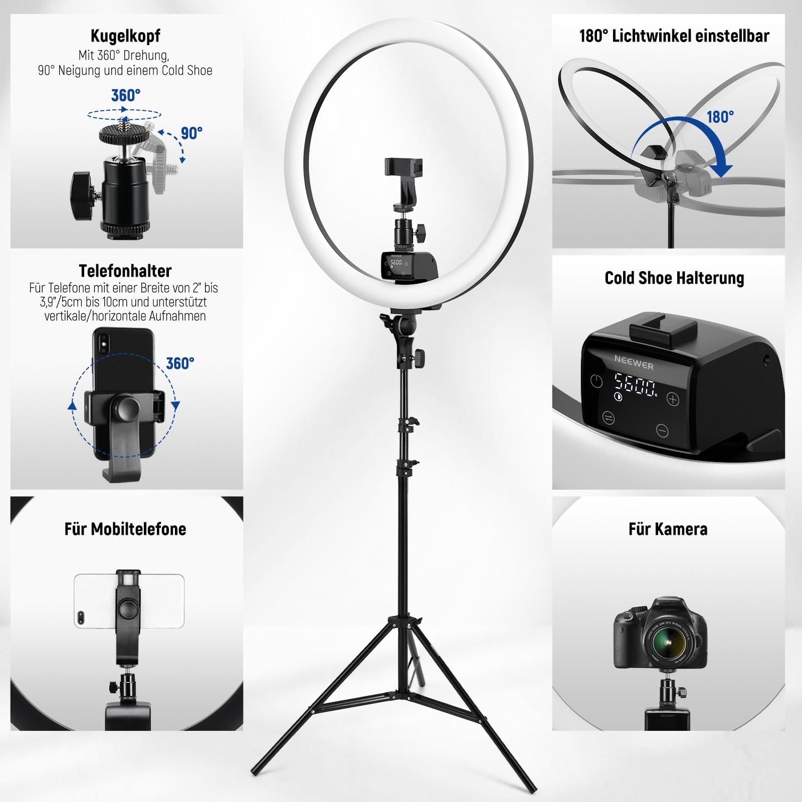 NEEWER Ringvalgusti SRP18-2,4G 18-tolline LED koos statiivi ja telefoniklambriga, 2,4G & puutetundlik manuaalne juhtimine, 42W 3200-5600K valgustus tätoveeringutele, ripsmetele, juuksuritele ja fotograafiale (must) – pilt 6