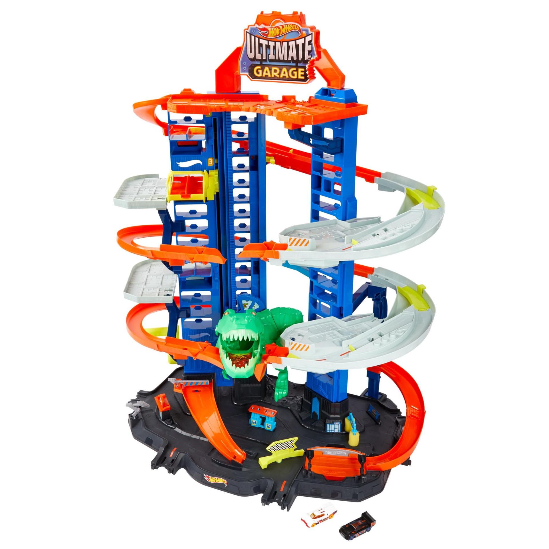 Hot Wheels Garaaž, Hot Wheels Parkla koos 2 mänguautoga, mitmekorruseline autorada, T-Rexi rünnak ja ruumi +100 autole, kõrgus: 90 cm, mänguasi alates 5. eluaastast, GJL14 – lisavaade