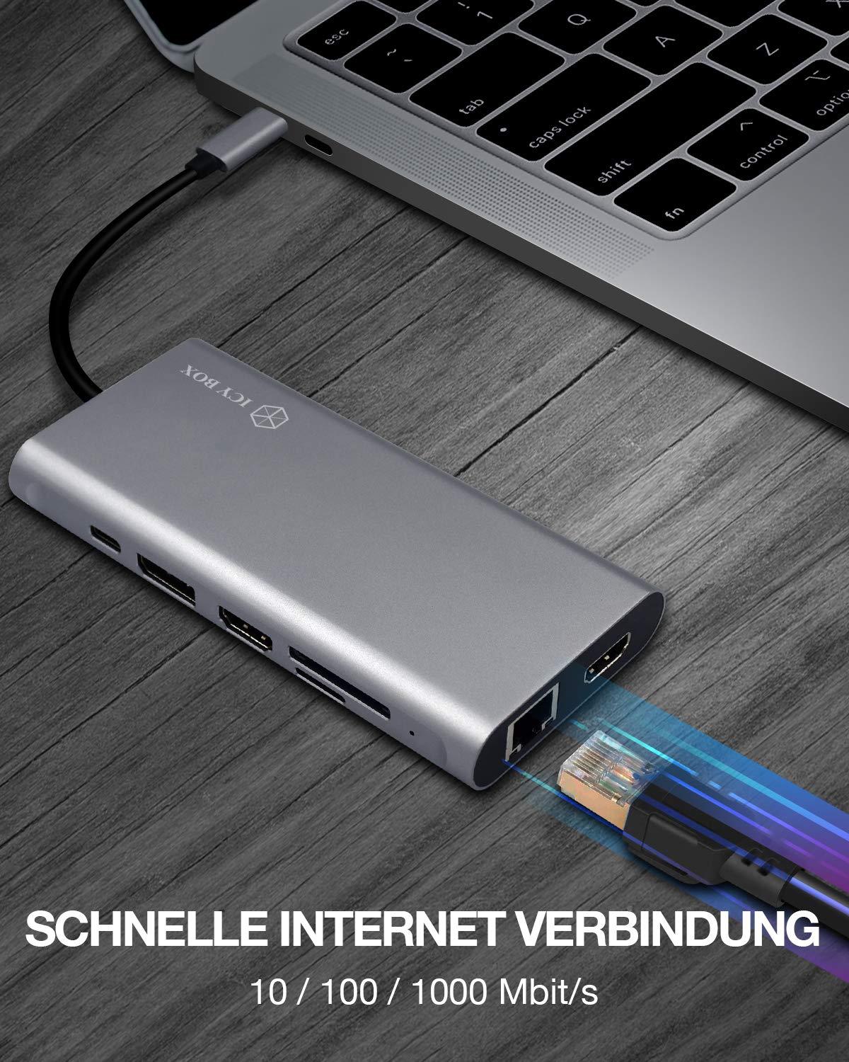 ICY BOX USB-C dokkimisjaam (12-ühes) 3 monitori jaoks (2x HDMI & 1x DP), 4K 60HZ, 3x USB 3.0 HUB, 100W toiteedastus, gigabit Ethernet, kaardilugeja, hall – pakend ja tarvikud