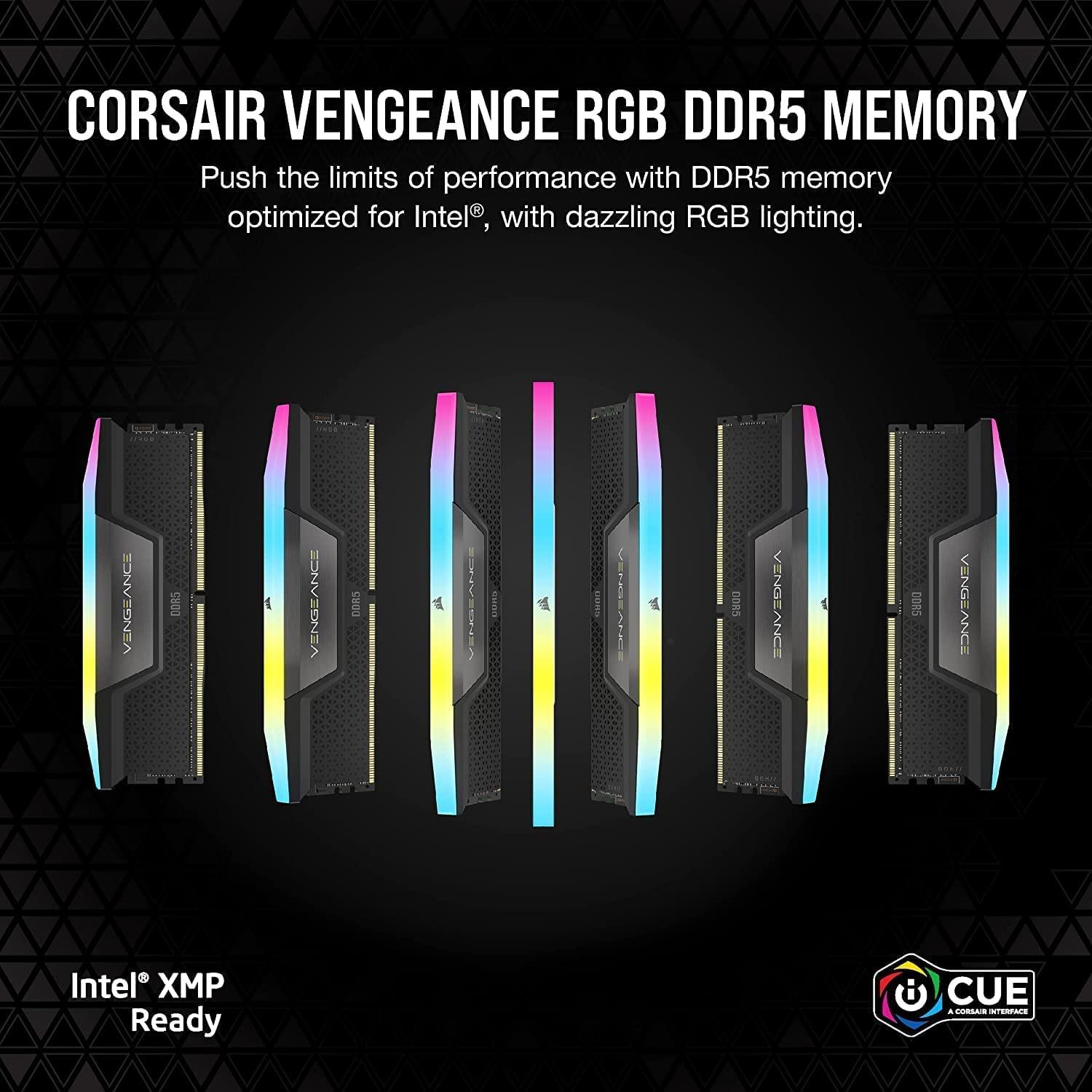 Corsair VENGEANCE RGB DDR5 RAM 64GB (2x32GB) 6400MHz CL32 Intel XMP iCUE ühilduv arvutimälu – Must (CMH64GX5M2B6400C32) – detailne vaade