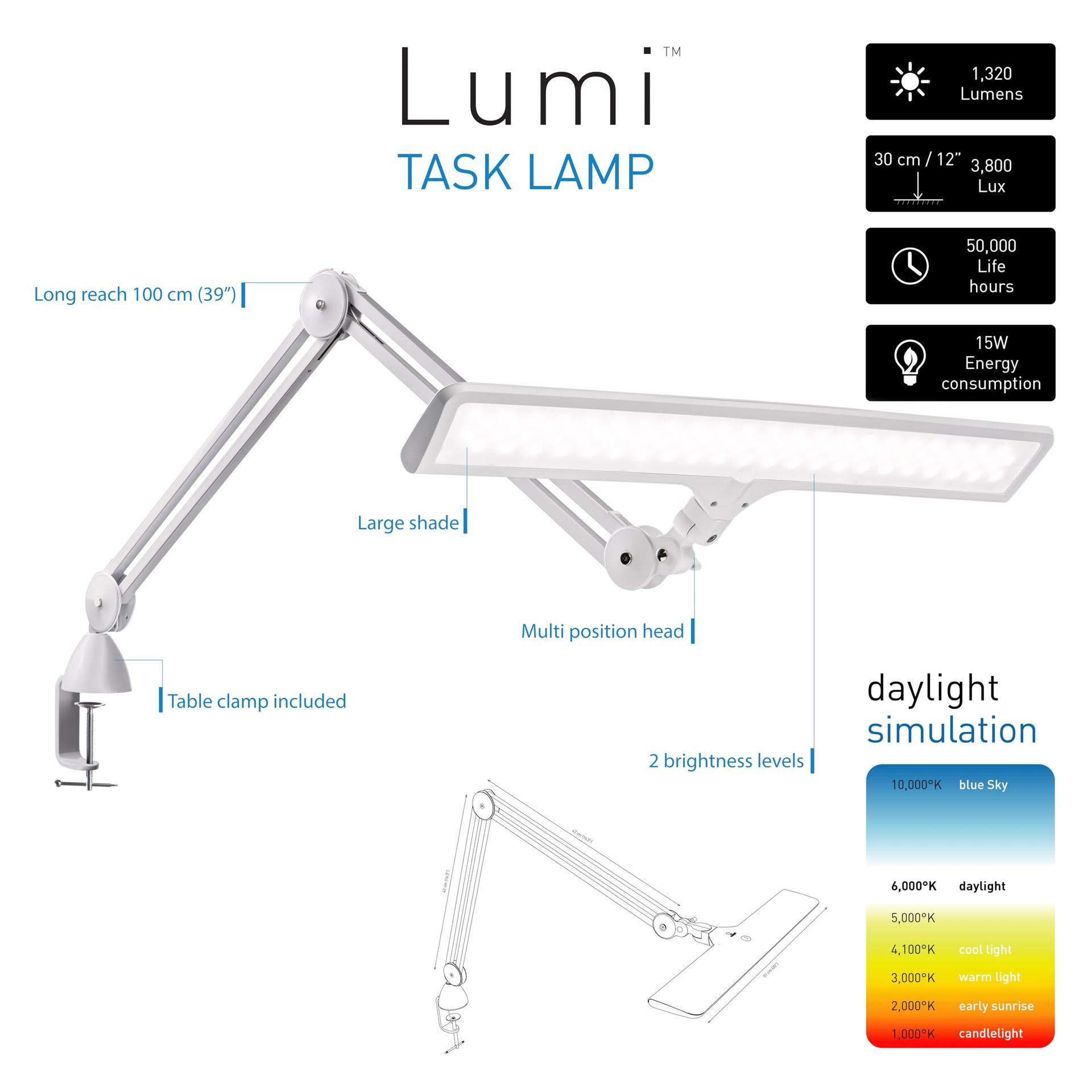 Daylight Company Lumi lauavalgusti, üliterav käsitöölamp, puutetundlik hämardus, 2 heleduse taset, ideaalne laualamp joonistamiseks – metall – 15 W – detailne vaade