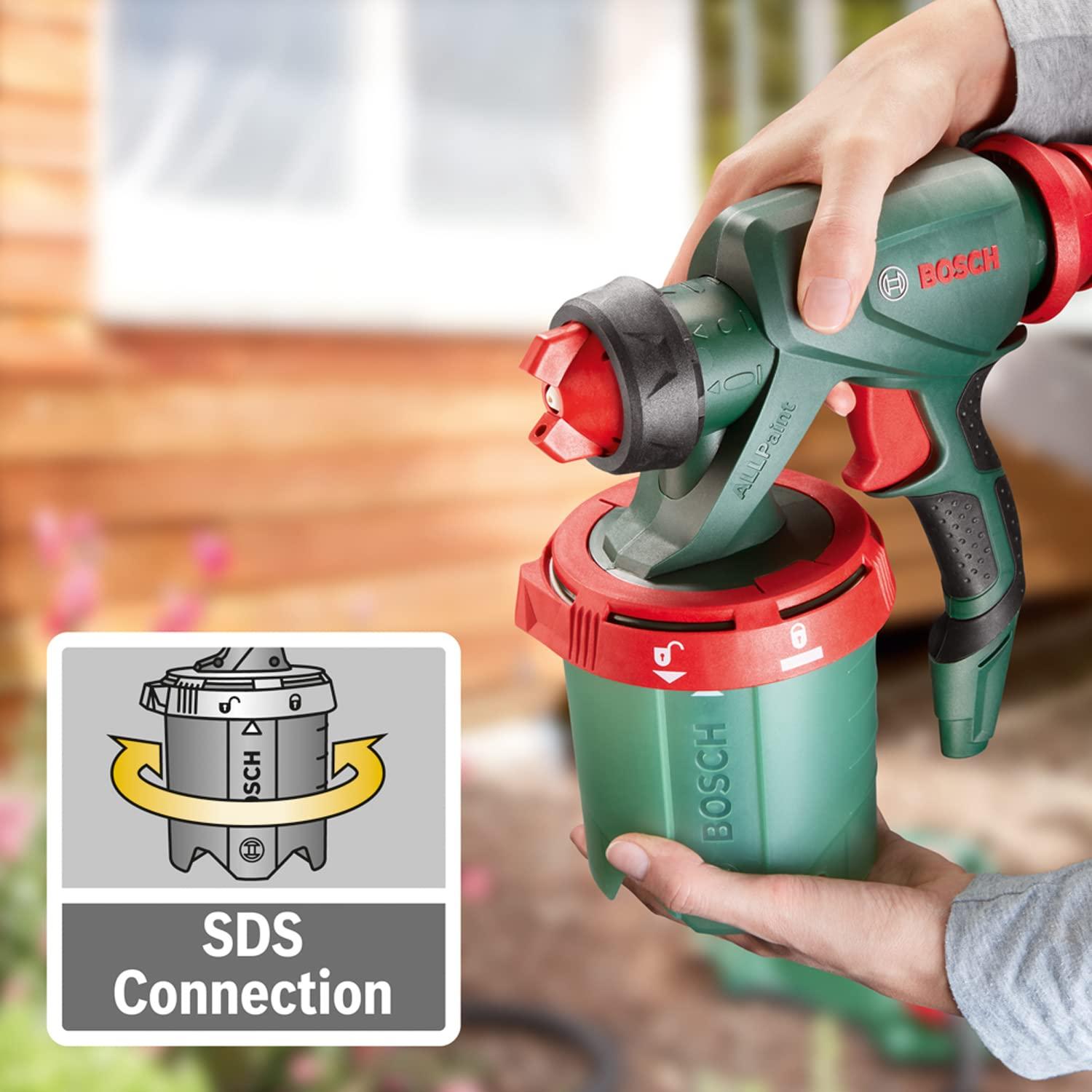 Bosch värvipihustussüsteem PFS 7000 (1400 W, 2x värvianum 1000 ml, 3x düüsid seinavärvidele, lakkidele ja peitsidele, värvifilter, puhastushari, karbis) – pakend ja tarvikud