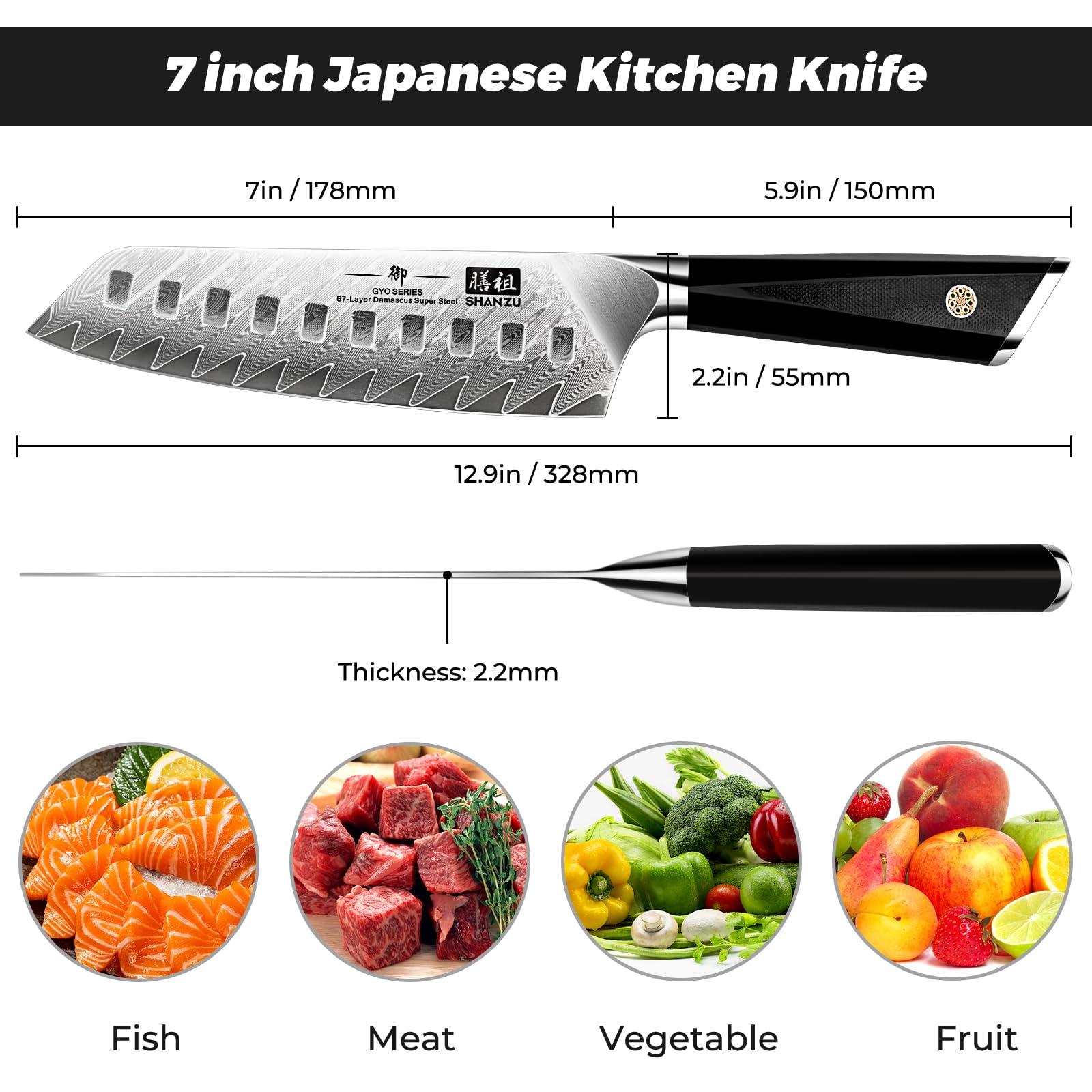SHAN ZU Damaskuse Santokunuga – 18 cm Jaapani Kööginuga, AUS-10 Roostevabast Terasest Terav Tera, Ergonoomiline G10 Käepide, Eksklusiivne Kingipakend – GYO Seeria – kasutusnäide