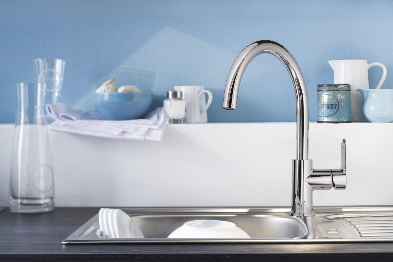 GROHE BauEdge – Ühe käepidemega kraanikausi segisti (ühe auguga paigaldus, 360° pööratav), kroom, 31367000 – pakend ja tarvikud