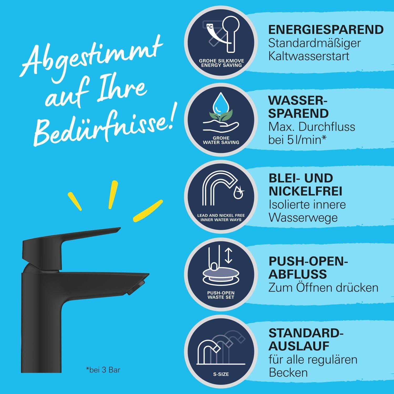 GROHE Start – säästlik vannitoasegisti (külmtüübi keskpositsiooniga energiakokkuhoiuks, 17 cm kõrge, veesäästlik, Push-Open äravoolusüsteem), matt must, 235512432 – kasutusnäide