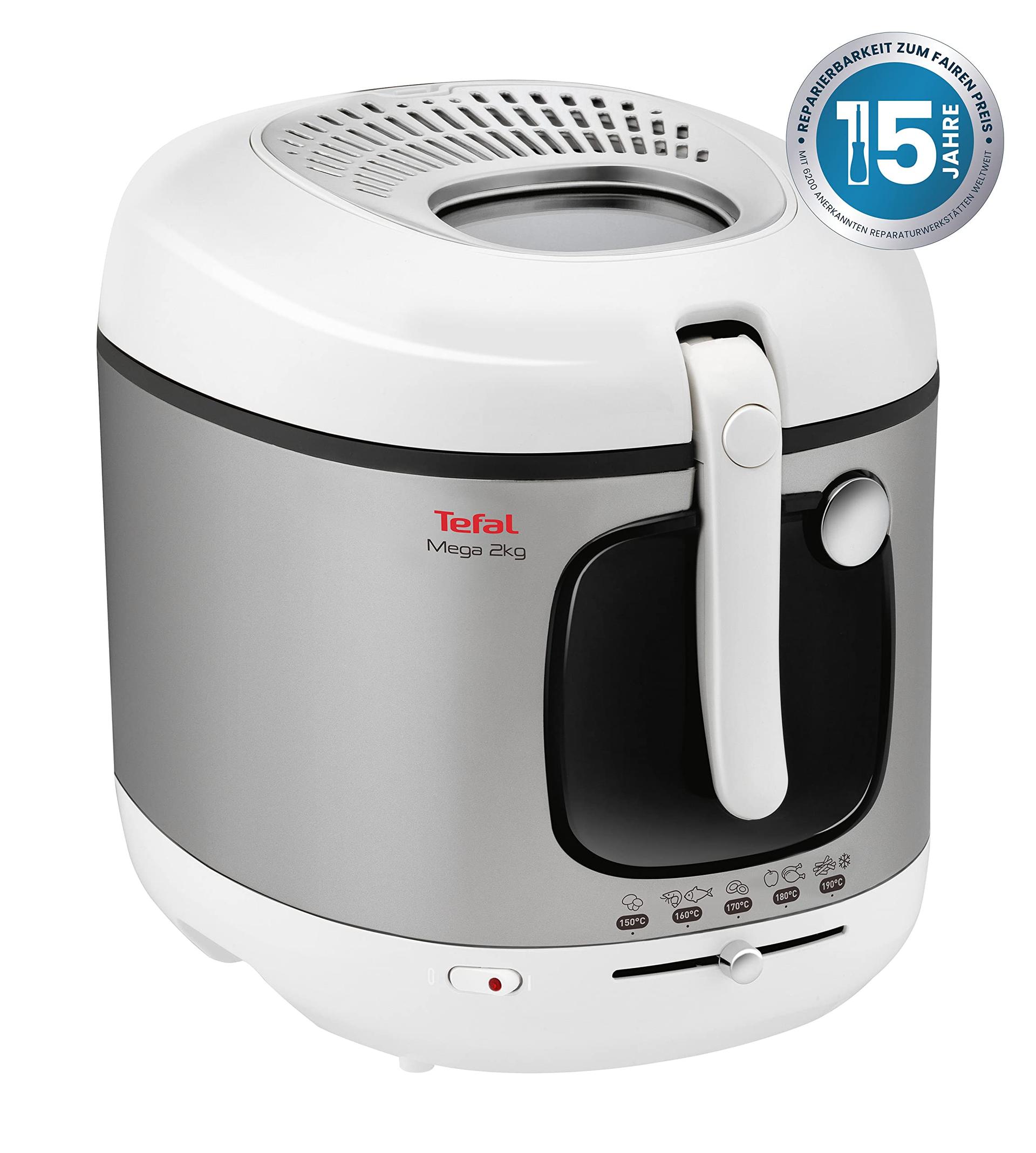 Tefal Mega 2 kg Elektriline Fritüür, 3,3 L õlikogus, lõhnade vastane filter, nõudepesumasinas pestavad osad, vaateluuk, reguleeritav termostaat, valge, roostevaba teras, FR4800 – pakend ja tarvikud