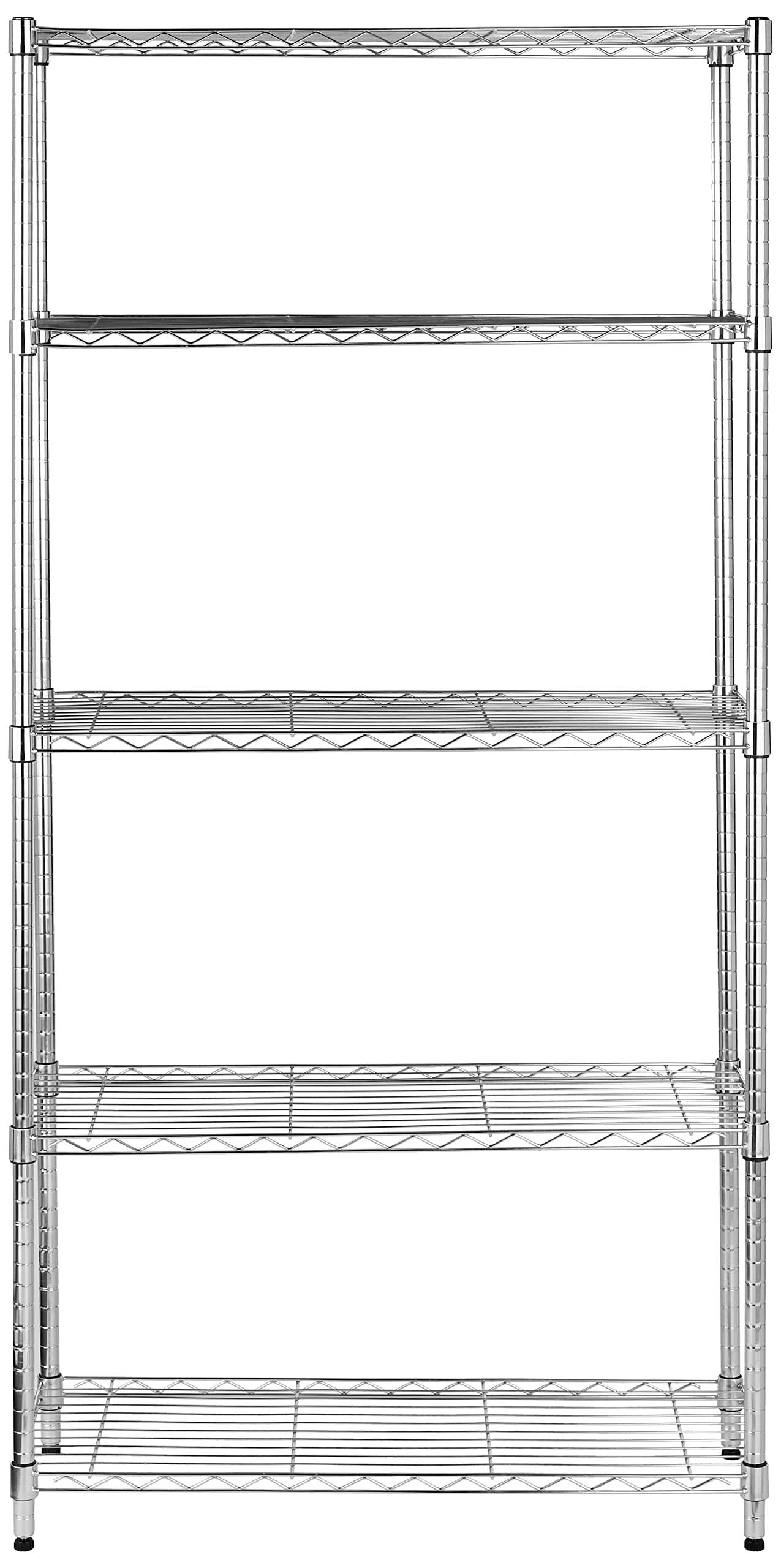 Amazon Basics – 5 riiuliga hoiustamissüsteem, reguleeritava kõrgusega riiuliplaadid ja nivelleerimisjalad, maksimaalne kandevõime 680 kg, kroom, 36 D x 91 W x 183 H cm