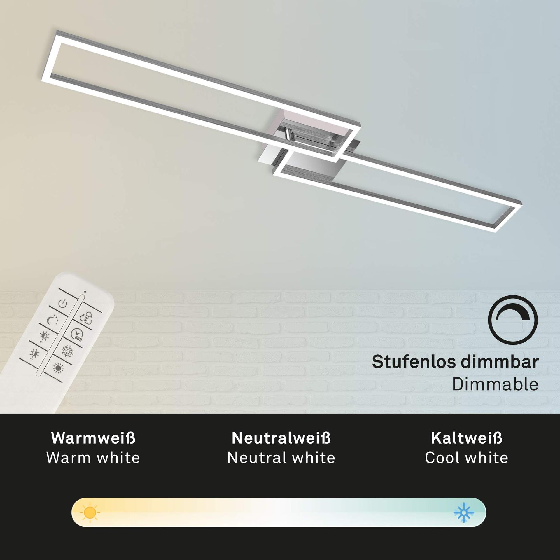 BRILONER – LED laelamp kaugjuhtimispuldiga, dimmerdatav, reguleeritav soojast valgest neutraalse valgeni, LED lamp, laevalgusti, elutoalamp, magamistoalamp, köögilamp, 110×24,8×7,8 cm, kroom-alumiinium – pakend ja tarvikud