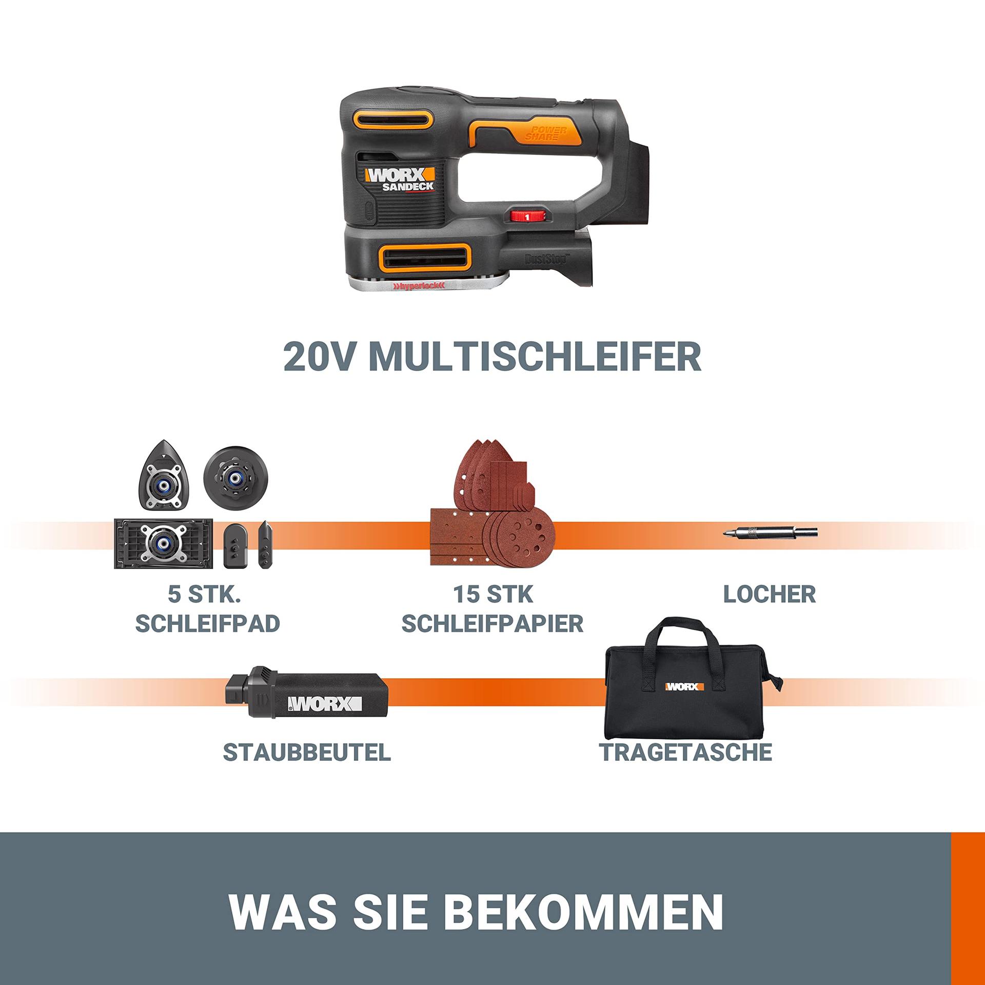 WORX WX820.9 Aku-Multilihvija – 5-ühes funktsioonid: ekstsentriklihvija, peenlihvija, detaililihvija, kontuurilihvija ja sõrmlihvija – muudetav kiirus – PowerShare ühilduv – Ilma aku ja laadijata, Must – pilt 7