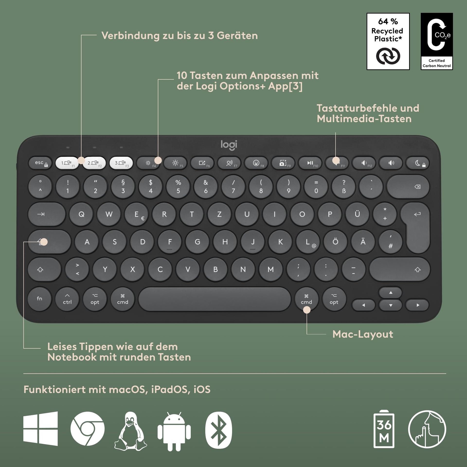 Logitech Pebble 2 Combo Macile – juhtmevaba klaviatuur ja hiir, stiilne, vaikne ja mobiilne, Bluetooth-ühendusega, kergesti kohandatav, QWERTZ-paigutus, grafiit – pilt 8