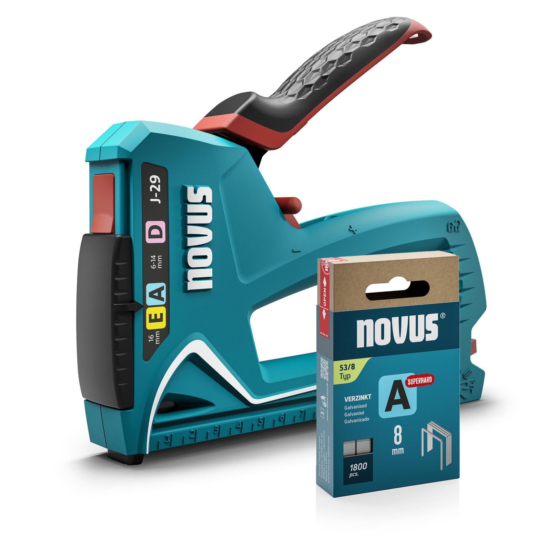 NOVUS TOOLS käsitööline klambripüstol J-29 komplekt 1800 klambriga │ 3-ühes professionaalne tacker puidule metallkorpusega ja löögijõu reguleerimisega │ Peen- ja lamedatraatklambrid 6-14 mm ning naelad 16 mm