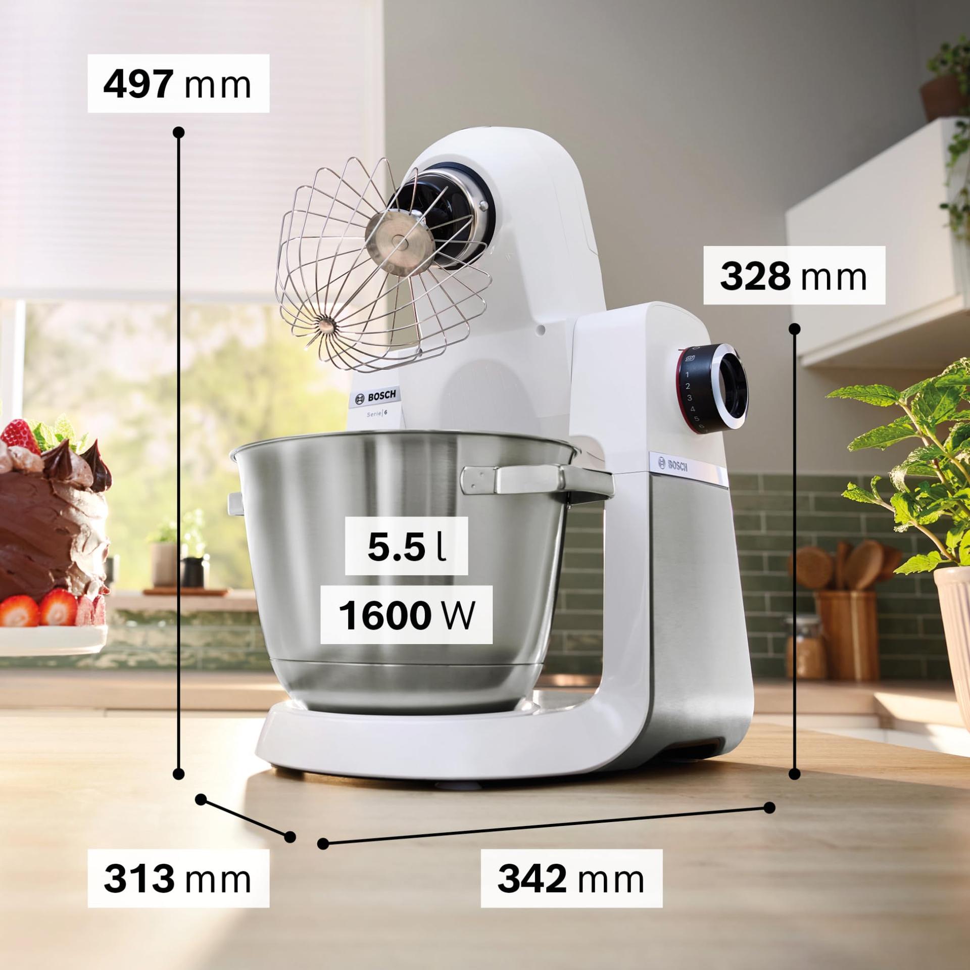 Bosch köögikombain Series 6 MUMS6EW13D, UUS, 7 kiirusastet, 5,5l kauss, lõikur, 3 ketast, taignakonks, segamislabidas, silikoonvispel, nõudepesumasinas pestav, 1 600 W, hõbedane/valge – pakend ja tarvikud