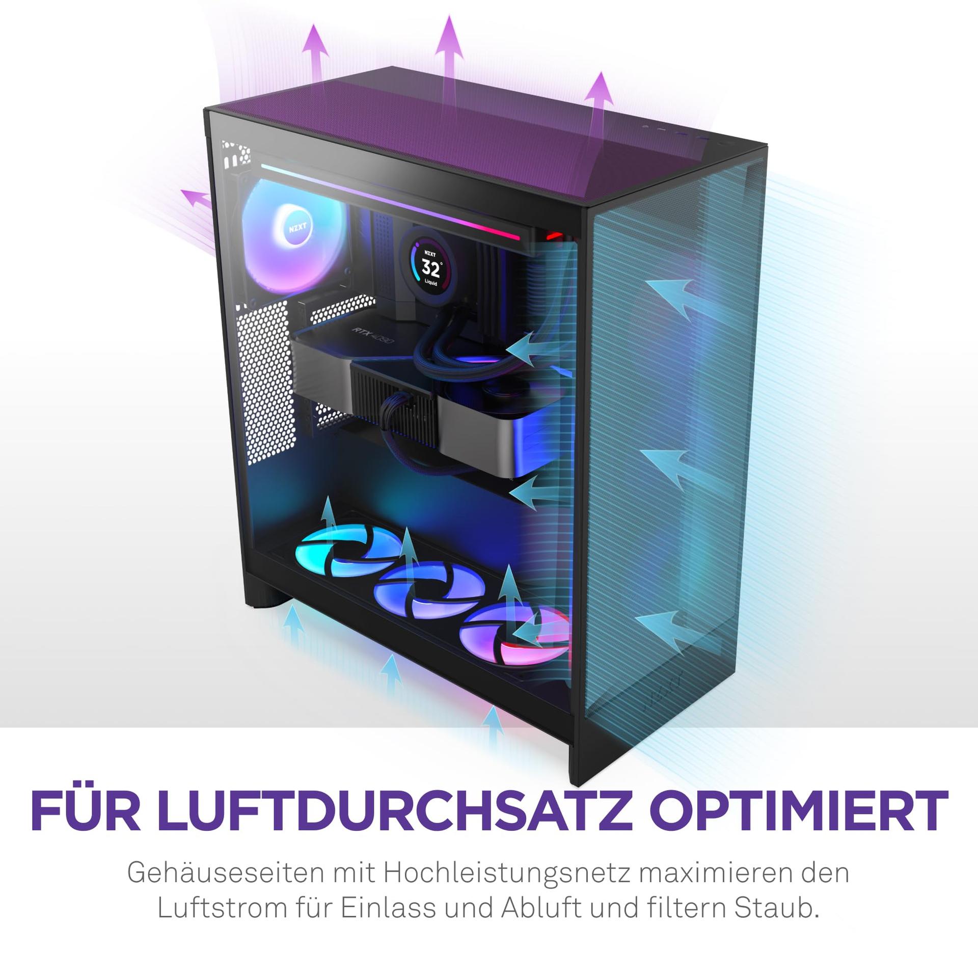NZXT H7 Flow | Mid-Tower ATX õhuringluskorpus | Kuni 3 x 120 mm põhjaventilaatorit GPU otseseks jahutamiseks | 3 x 120 mm esipaneeli ventilaatorit | 420 mm radiaatorialus ees | Must – kasutusnäide