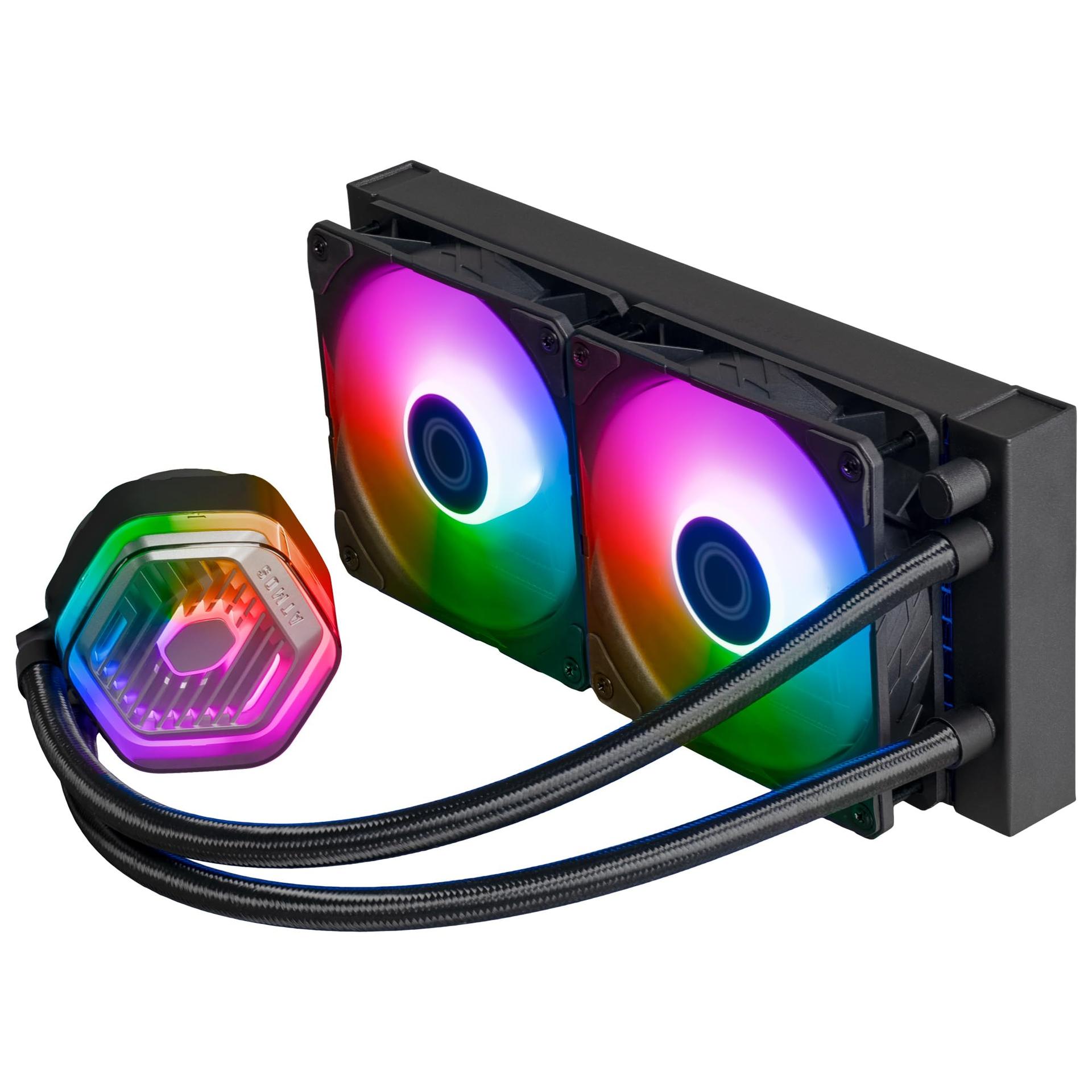 Cooler Master MasterLiquid Atmos 240 Must AIO CPU-veejahutus – Kahekambriline pump, eellaaditud SickleFlow 120 Edge ventilaatorid, adresseeritav Gen 2 RGB, LGA1700 & AM5 – Must – kasutusnäide
