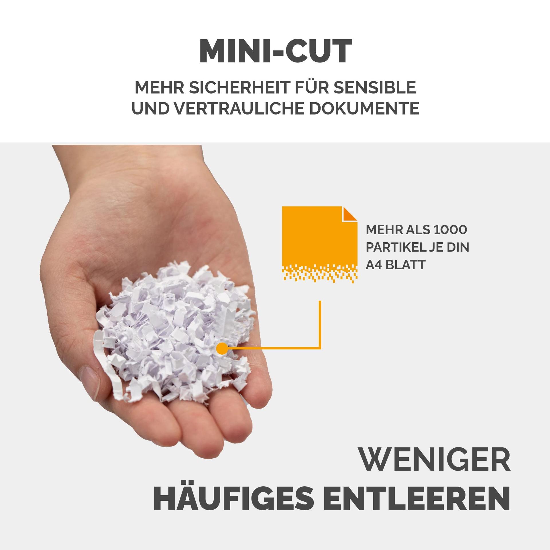 Fellowes paberihunt 12Ms, 12 lehte Minicut (P4), dokumentide hävitaja kontorisse ja kodukontorisse, SafeSense tehnoloogia, 23L paberkast, üle 1000 osakese iga A4 lehe kohta, automaatne tagasikäik – kasutusnäide