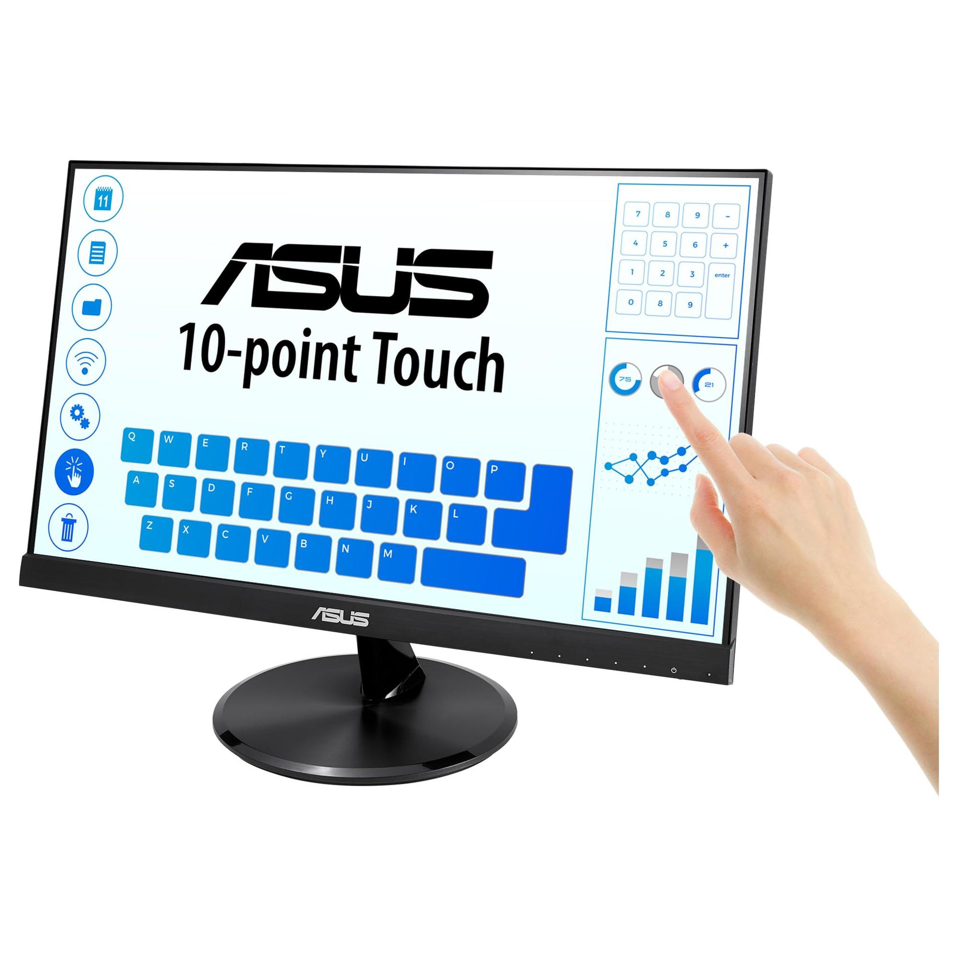 ASUS VT229H – 21,5-tolline Full-HD puutetundlik monitor – 10-punkti Multi-Touch, värelusvaba, sinise valguse filter, 60 Hz, 16:9 IPS paneel, 1920×1080 – HDMI, D-Sub, VESA 100×100 – pakend ja tarvikud