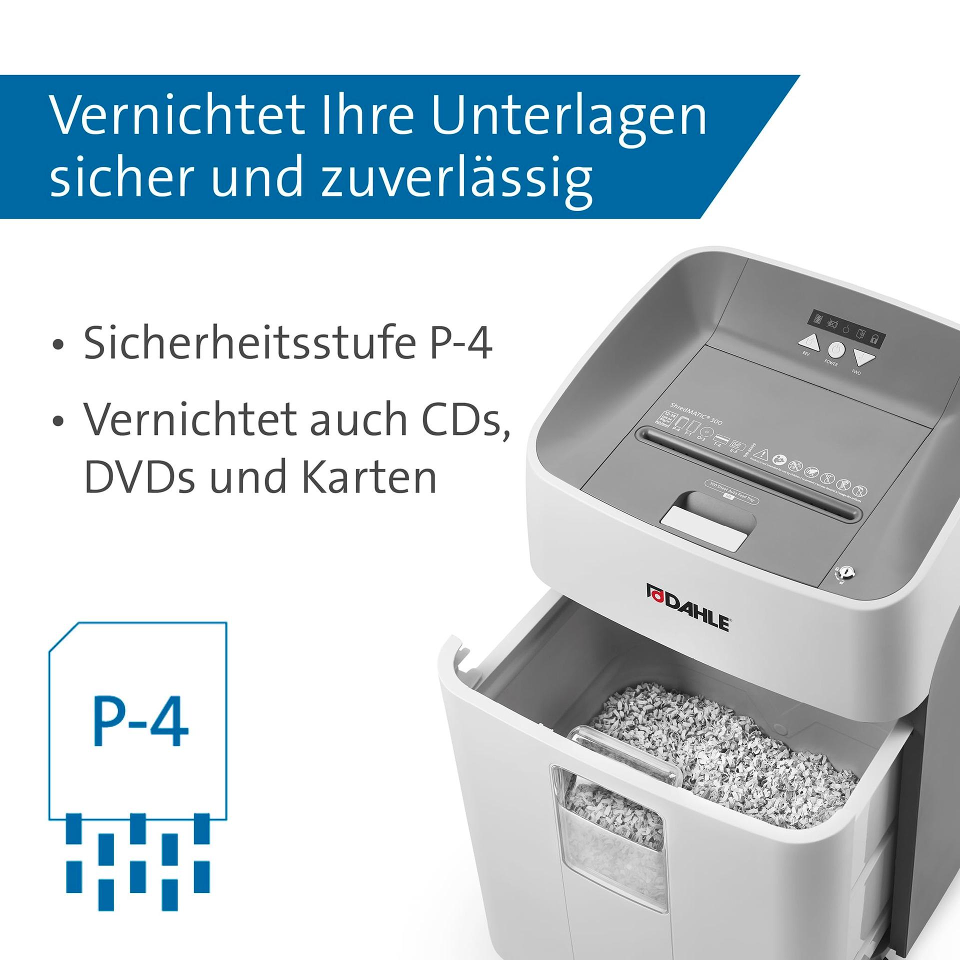 Dahle ShredMATIC 300 P4 paberihävitaja automaatse paberisöötmisega (300 lehte, osakesteks lõikamine, õli- ja hooldusvaba) hall – pakend ja tarvikud