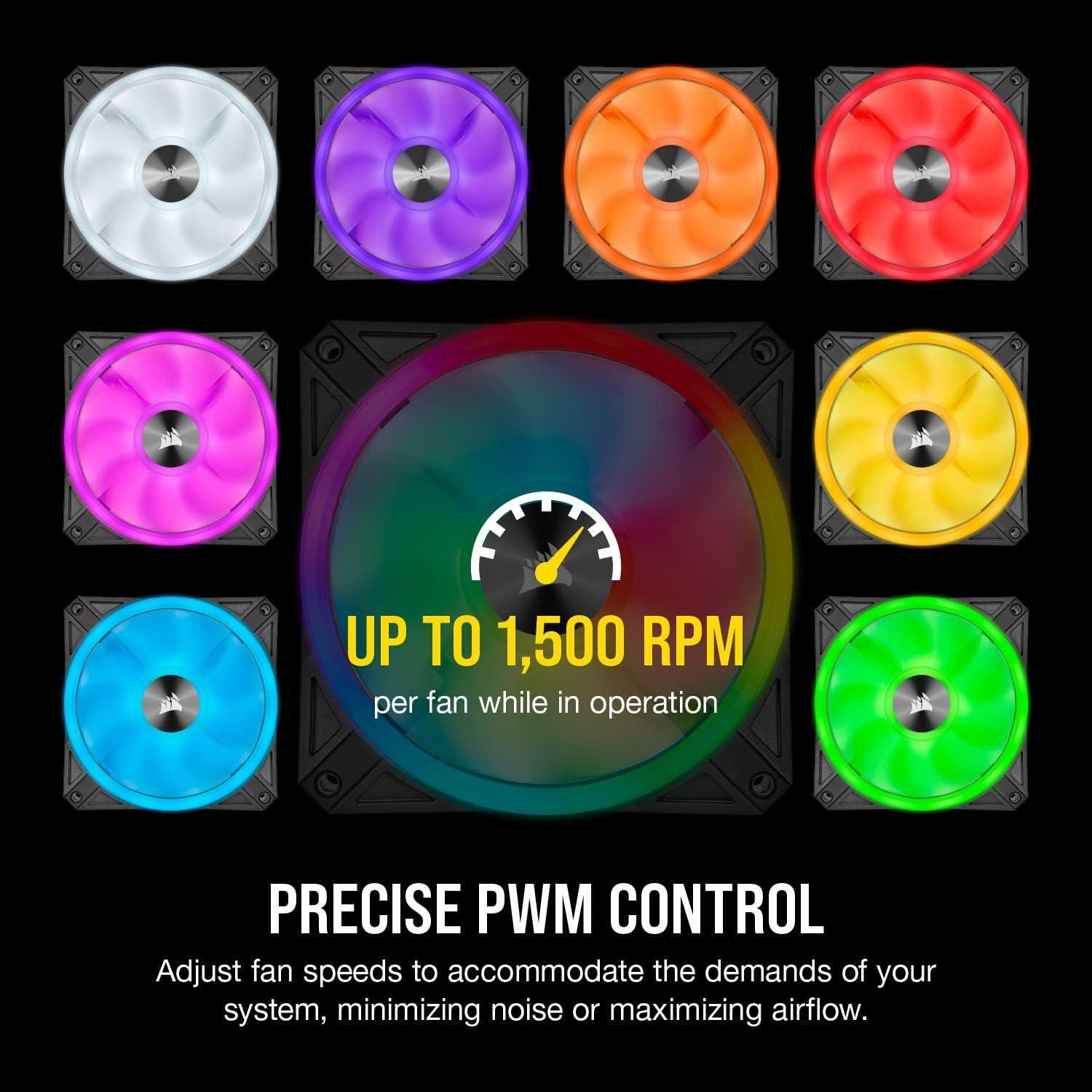 Corsair iCUE QL120 RGB, 120 mm LED PWM ventilaator (lauaarvutitele, 68 individuaalselt juhitavat RGB-LED-i, kiirus kuni 1 500 p/min, madala müratasemega) 3-osaline komplekt koos Lighting Node Core’iga – must – pilt 6