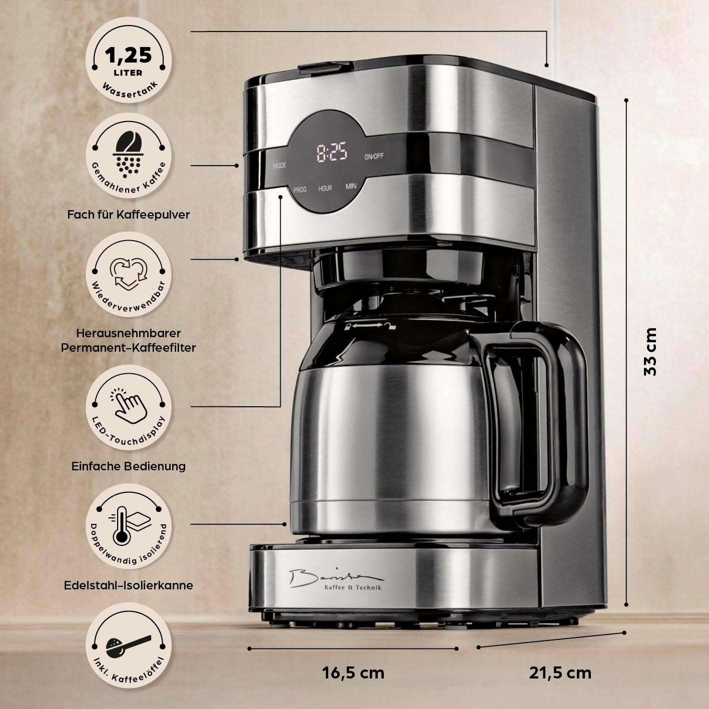 Barista filtrikohvimasin termokannuga | 24-tunnine taimer ja püsifilter | 8 tassi kohvi jaoks | Kohvimasin jahvatatud kohvile [roostevaba teras] – pilt 7