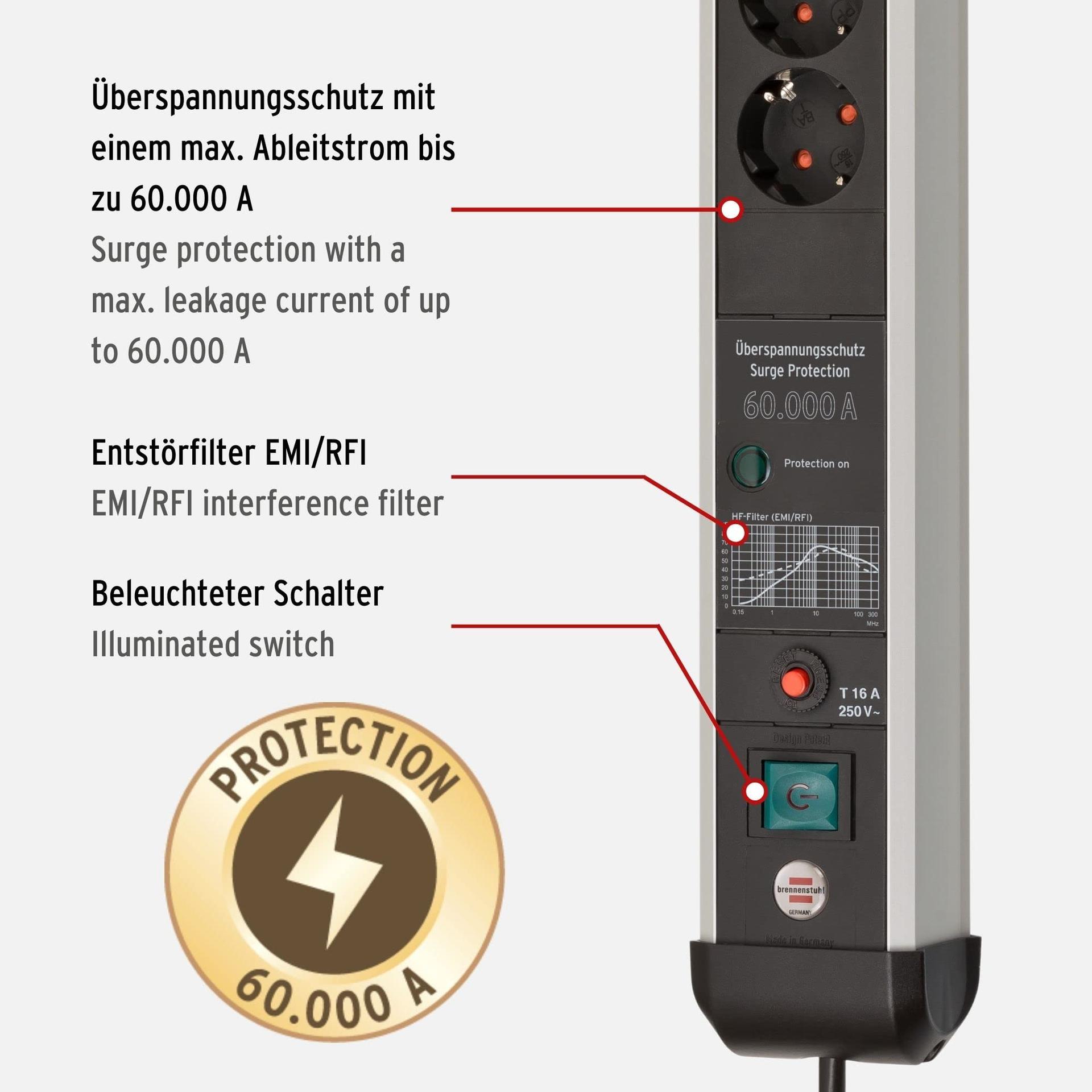 Brennenstuhl Premium-Protect-Line 4-osaline pikendusjuhe ülepinge kaitsega 60 000A (lülitiga ja 3m kaabliga, valmistatud Saksamaal) hõbedane/must – pakend ja tarvikud
