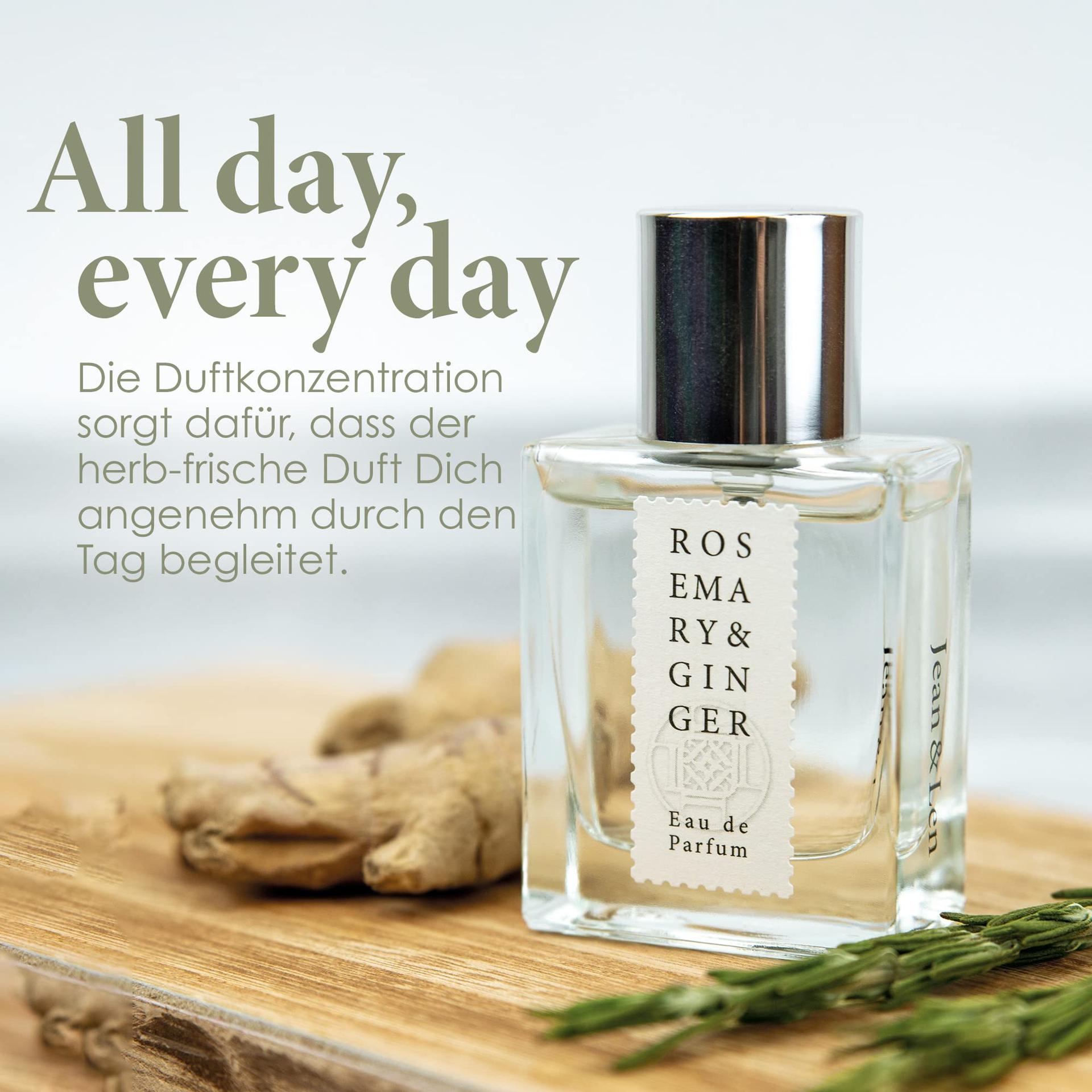 Jean & Len Rosemary & Ginger Eau de Parfum – vürtsikas ja värske rosmariini ja ingveri lõhn, käsitsi valmistatud minimalistlikus klaasflakonis, unisex-parfüüm, 50 ml – kasutusnäide