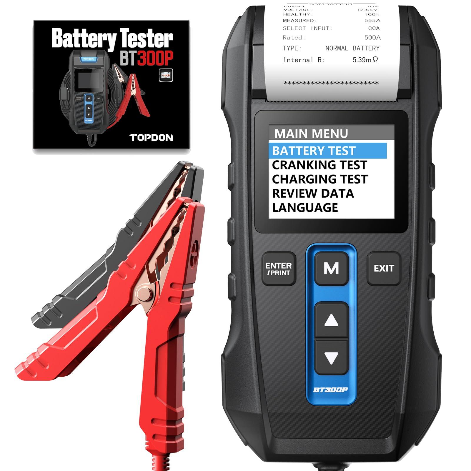 Autobatteriide tester 12V 24V TOPDON BT300P, 100-2000CCA akude tester koos printeriga, laadimis- ja käivitusanalüsaator, sobib nii kodukasutajatele kui ka professionaalidele, ideaalne autodele, mootorratastele, maasturitele, veoautodele ja paatidele