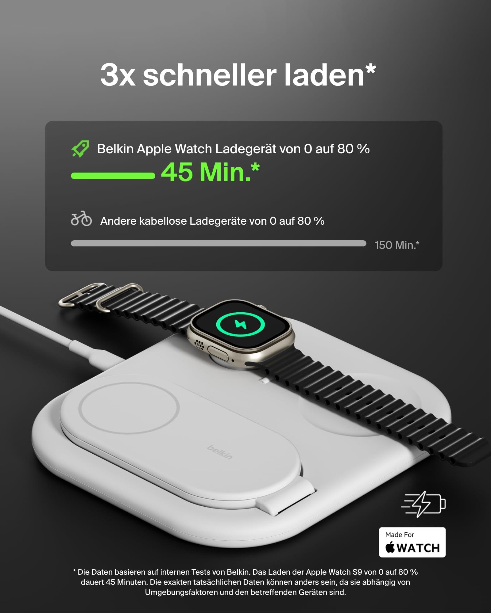 Belkin BoostCharge juhtmevaba 3-ühes laadimisjaam Qi2, 15 W, kokkupandav MagSafe-ühilduv statiiv Apple iPhone 16/15, Apple Watch, AirPods jaoks, libisemisvastane, kiirlaadimine, koos toiteadapteriga – Valge – pakend ja tarvikud