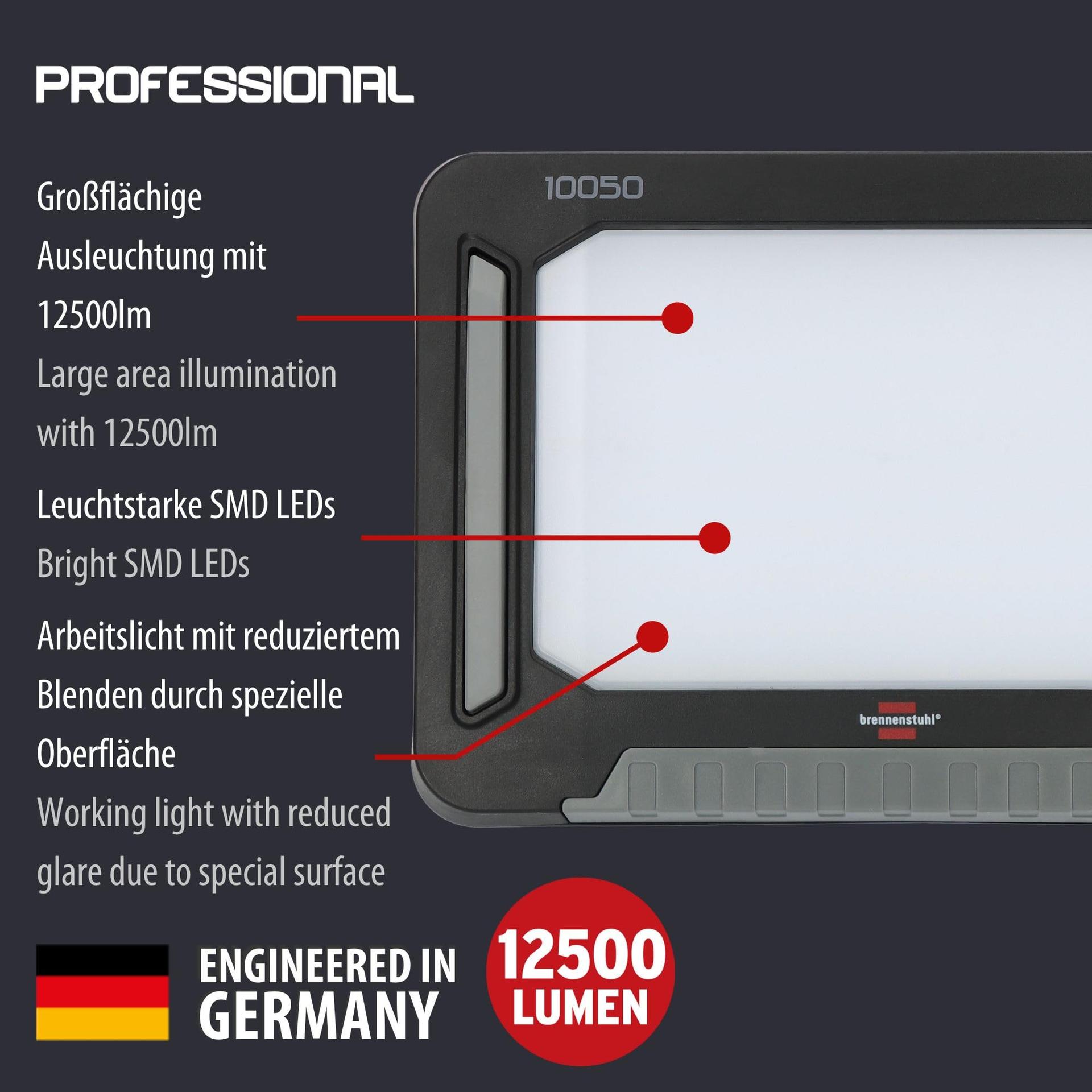 Brennenstuhl Professional Multi-Aku LED Hübridne Töövalgusti 10050 MH (100W, 12500lm, IP55, ühilduv 18V akudega 11 erinevalt tootjalt, 5m RN-kaabel, ilma akuta, inseneritud Saksamaal) – pakend ja tarvikud