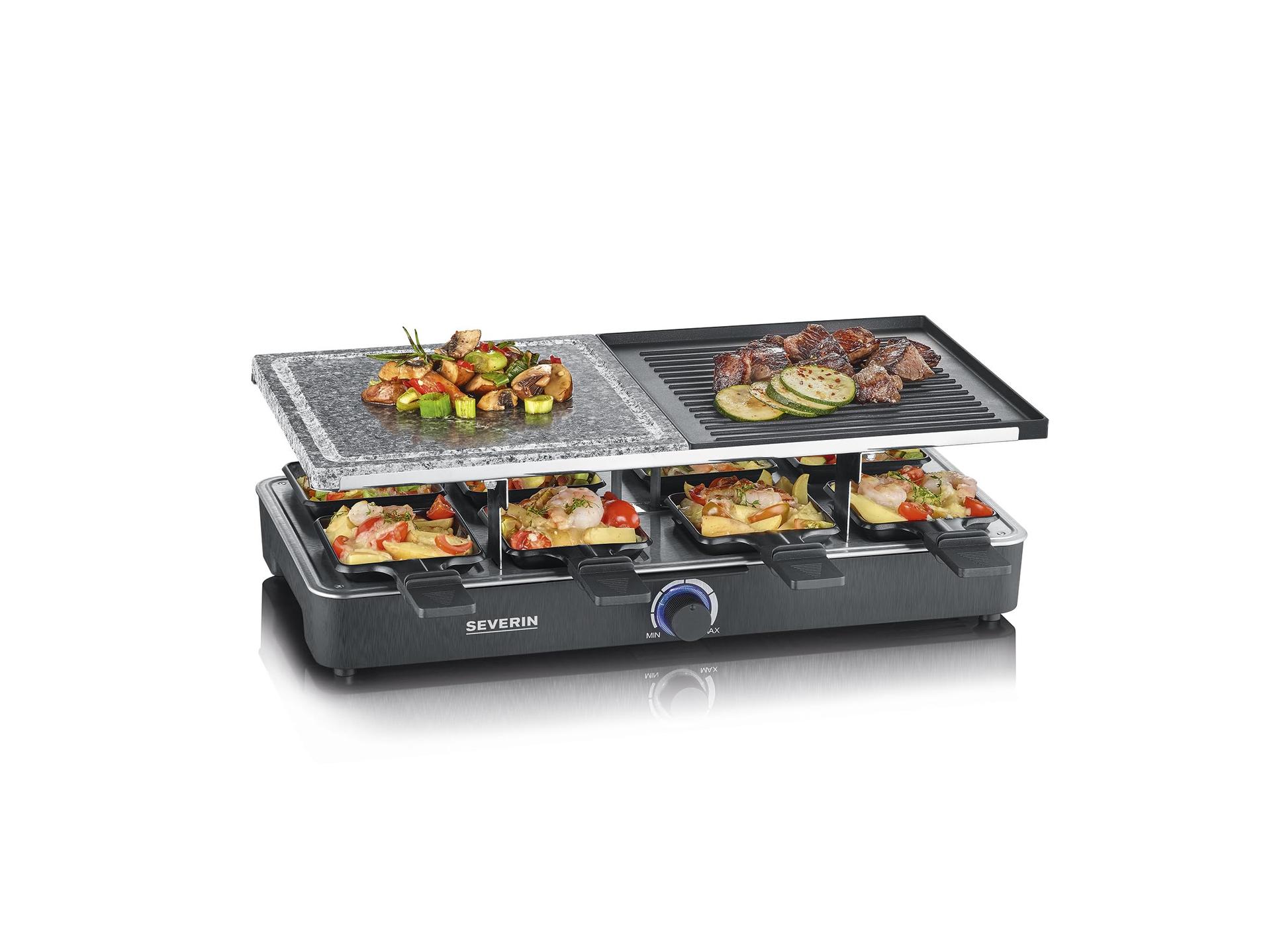 SEVERIN Raclette-Grill loodusliku grillikivi ja grillplaadiga, raclette mittenakkuva grillplaadiga ja 8 panniga, lauagrill 8 inimesele, max. 1300 W, must, RG 2371