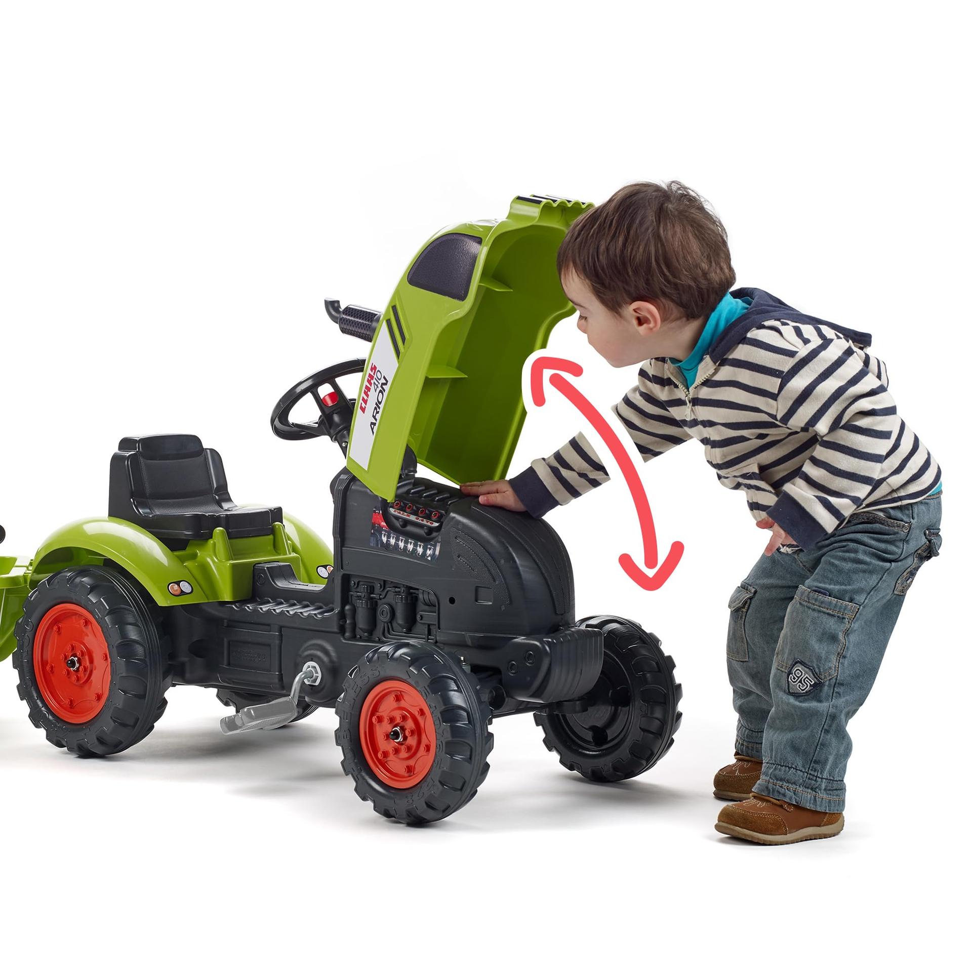 Falk 2041C pedaaltraktor Claas Arion 410 koos haagise ja avatava kapotiga, ekskavaator, pedaallaadur, pedaaltraktor 2–5-aastastele, õuemänguasi – pakend ja tarvikud