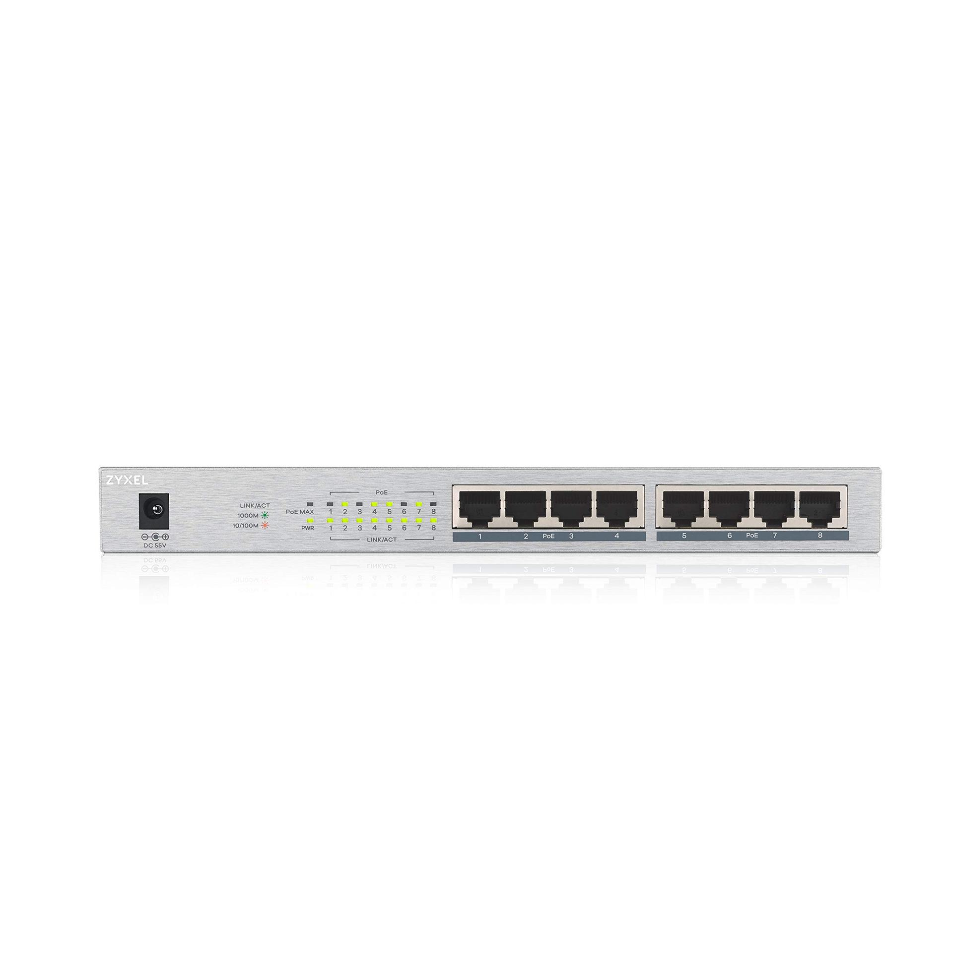 Zyxel Gigabit hallatamatu PoE+ lüliti 8 pordiga (kõik PoE) ja 60 W PoE eelarvega
