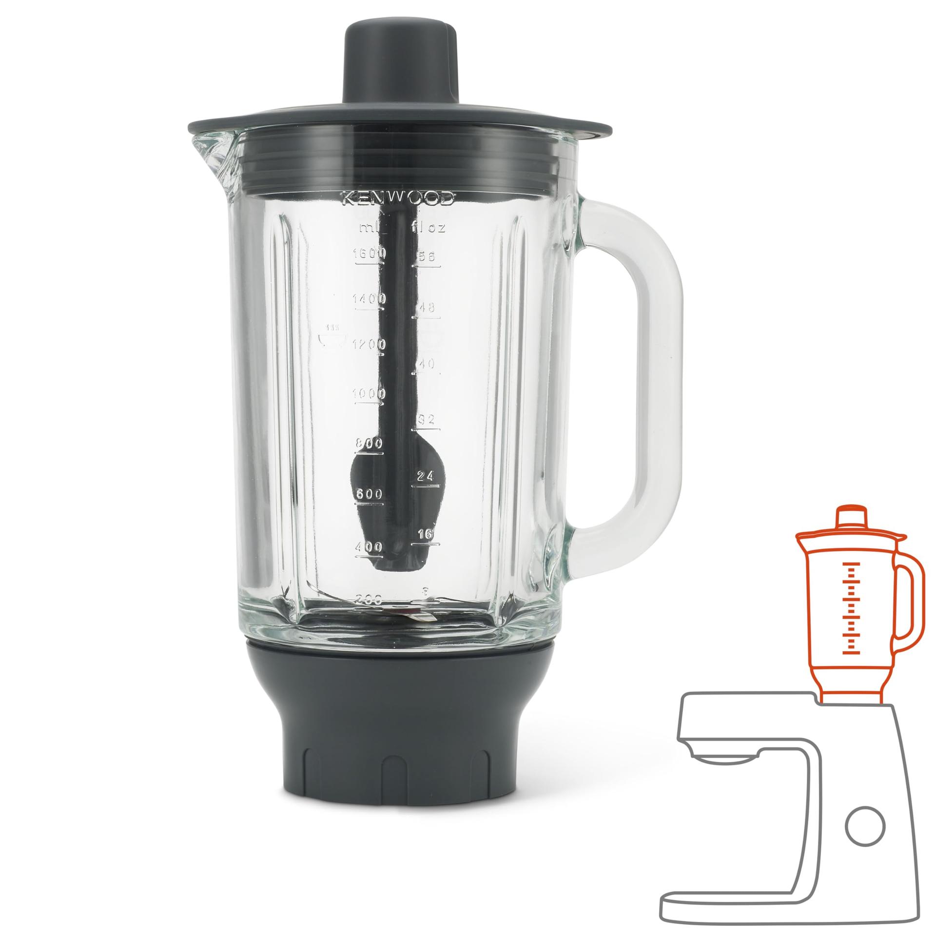 Kenwood ThermoResist klaasmikser KAH359GL – Tarvik Kenwood Chef köögimasinatele, kuumakindel klaasanum smuutide, suppide ja jää purustamiseks, sisaldab segamisvarrast, antratsiit/hõbe
