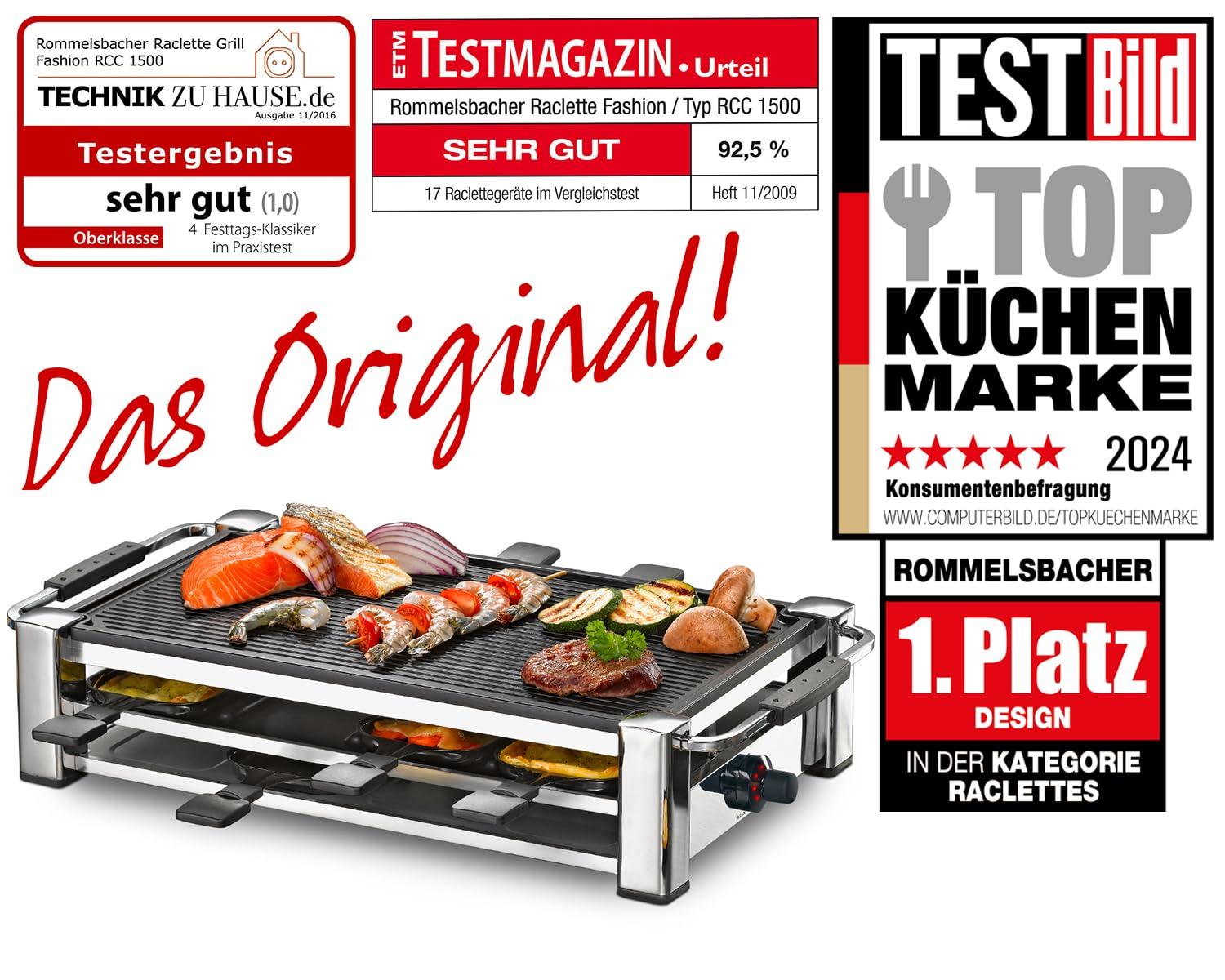 ROMMELSBACHER RCC 1500 Raclette-Grill (2 m pikk juhe, lauagrill 8 inimesele, alumiiniumist grillplaat, Xylan Plus mittenakkuv kate, parkimistekk, 1500 W) kroom – detailne vaade