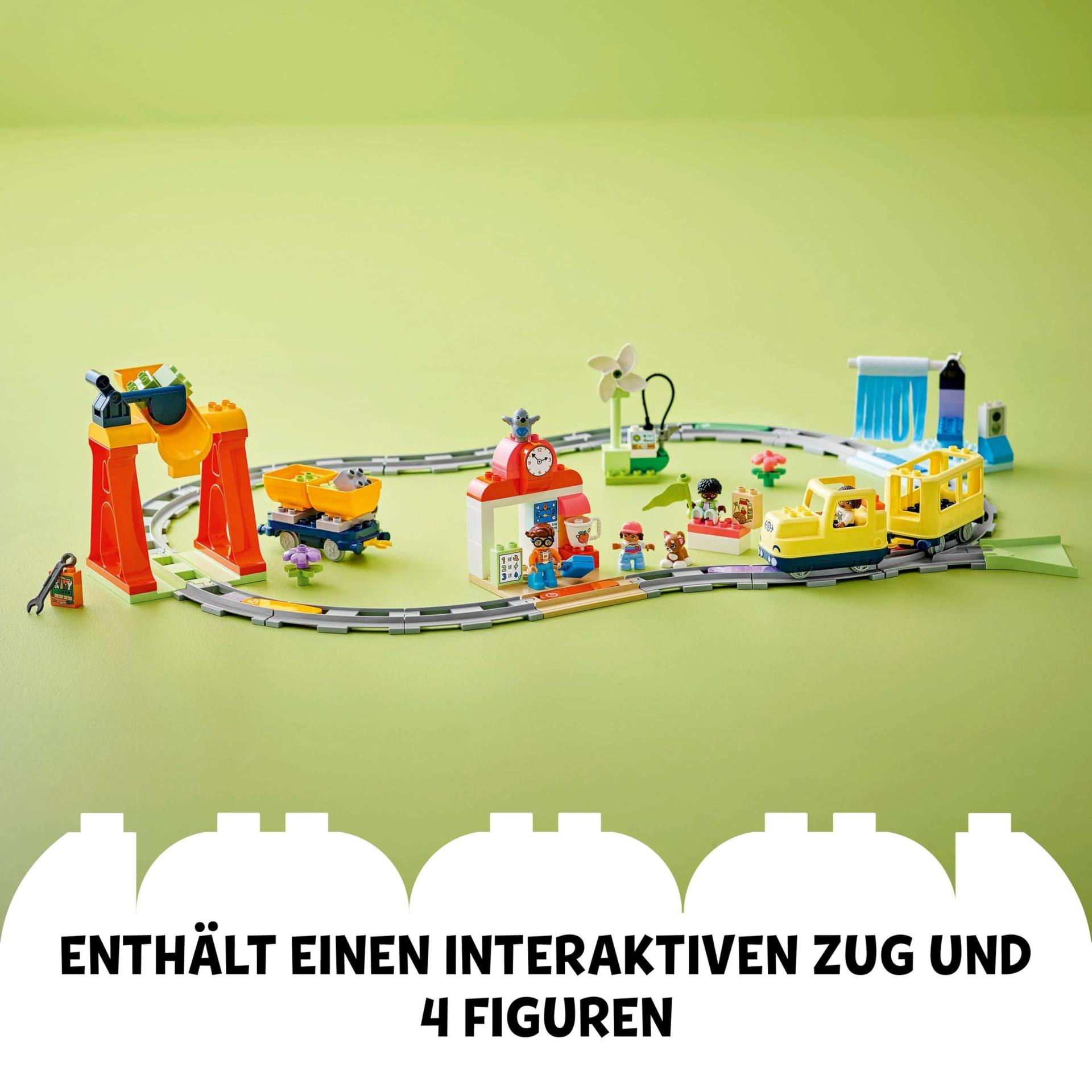 LEGO DUPLO Town Suur interaktiivne rong, ehitusmänguasi väikelastele alates 3. eluaastast, Push & Go vedur tulede ja helidega, rööbastee osad, õppevahend lastele 10428 – kasutusnäide
