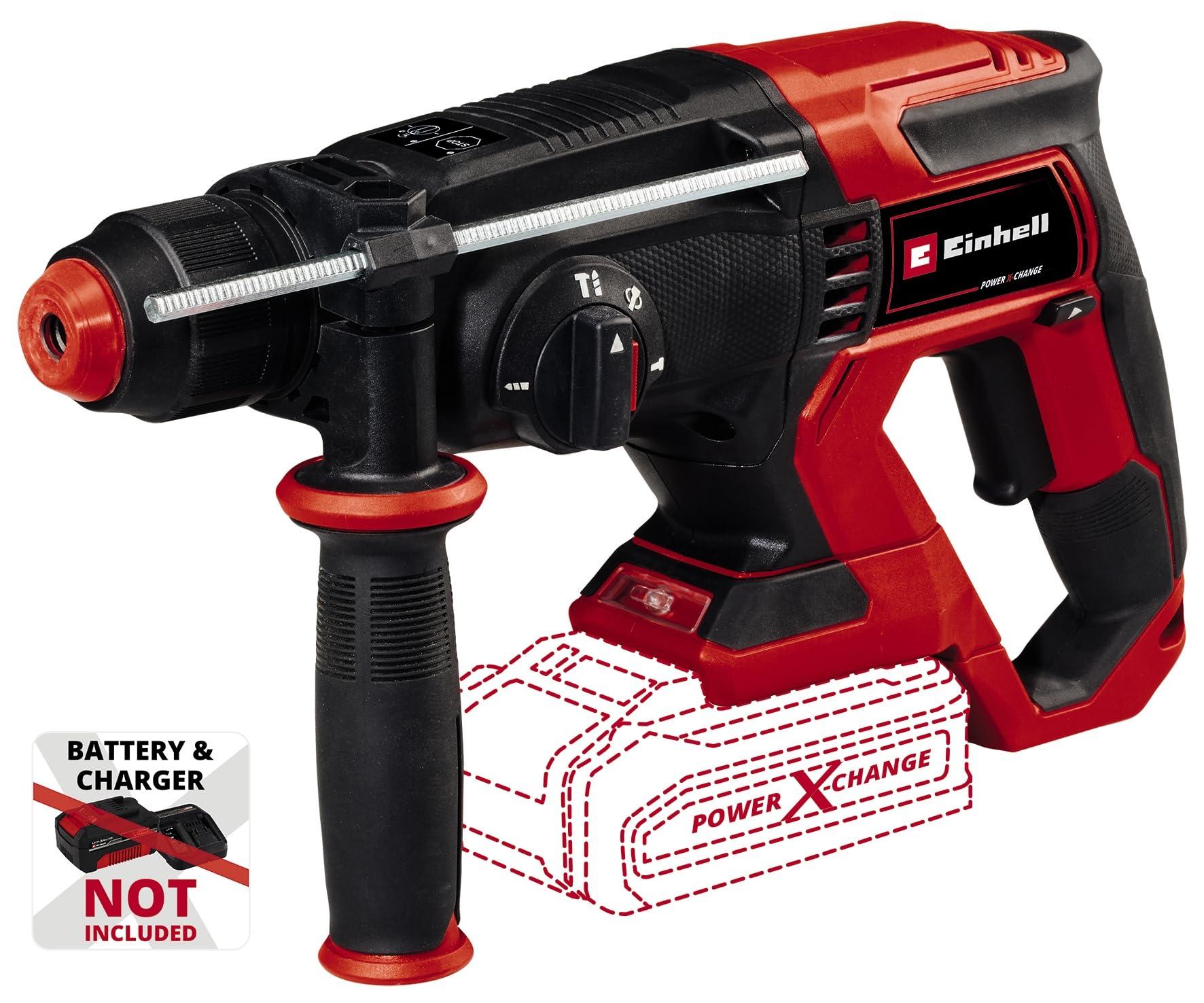 Einhell akutrell-haamer TE-HD 18/20 Li-Solo Power X-Change (18 V, 1,8 J, 20 mm puurimisvõime betoonis, 4 750 min-1 maks. löögisagedus, sisaldab kohvrit, ilma akuta) – pakend ja tarvikud