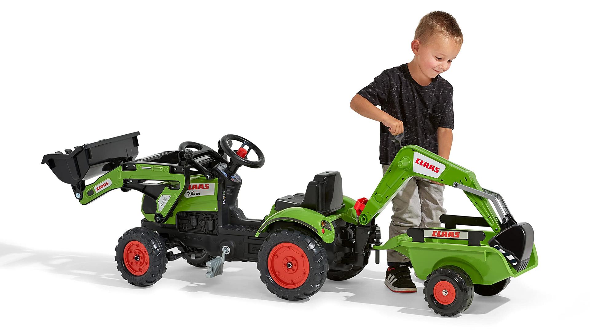 Falk – 2040N – Õuemänguasi – Baggerlader Claas Arion 410 + Haagis + Kopp – pakend ja tarvikud