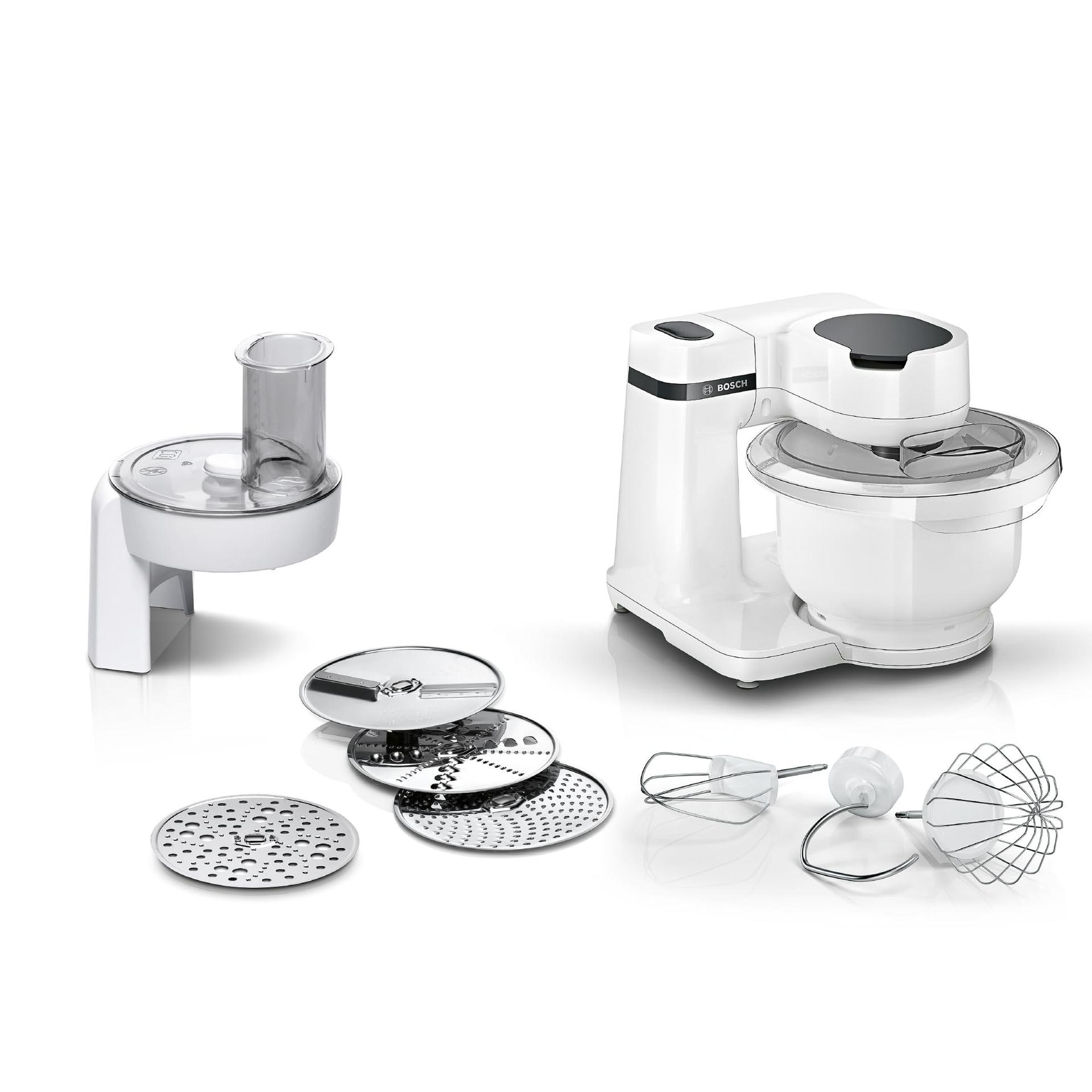 Bosch köögikombain Serie 2 MUMS2AW01, 3,8L plastkauss, viilutaja, 4 lõikeketta, 4 kiirust, taignakonks / vispel / segamisvispel, nõudepesumasinas pestav, 700 W, valge