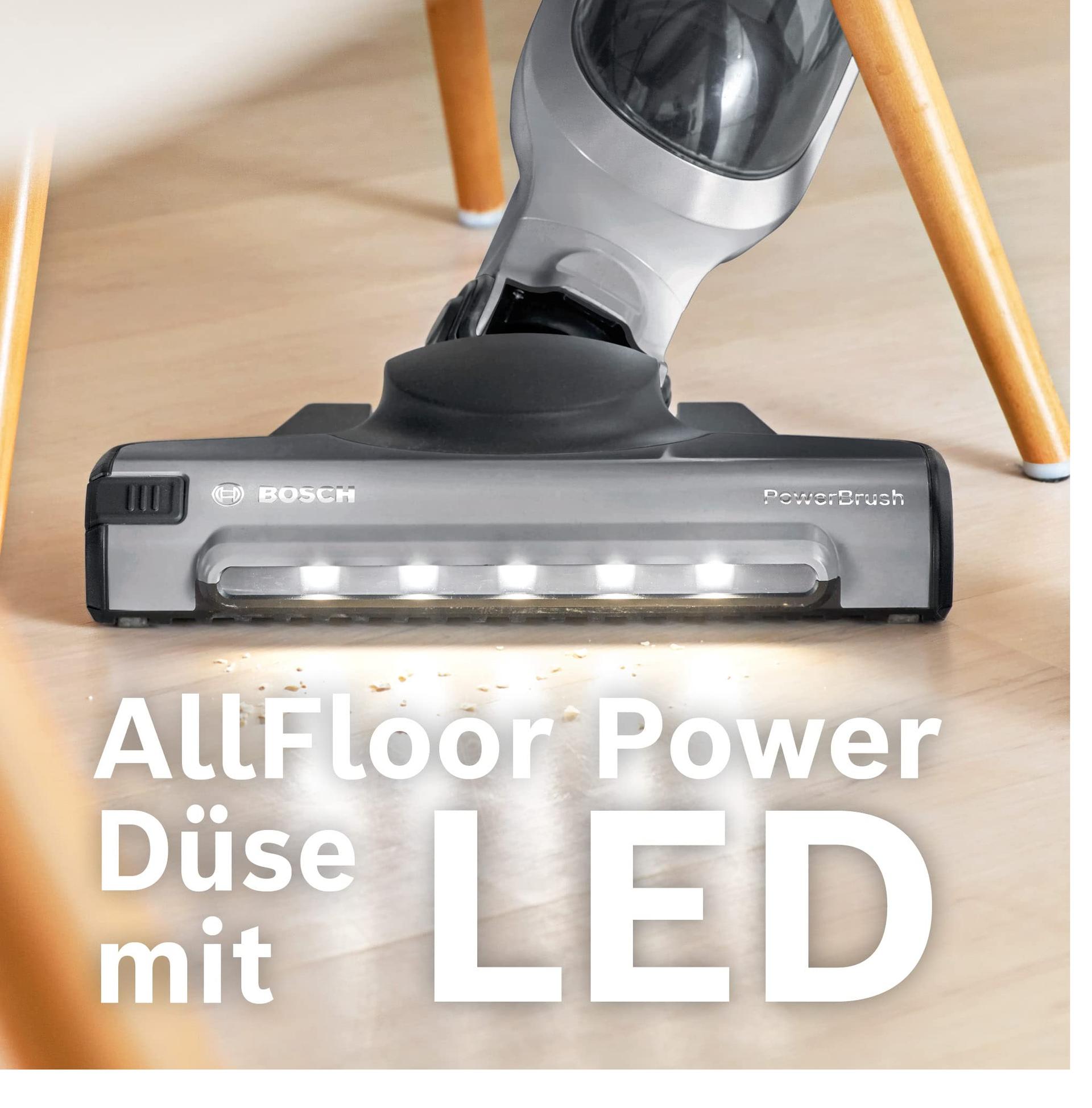 Bosch juhtmevaba varstolmuimeja Flexxo 2in1 Serie 4 BBH3K2801, käsitolmuimejaga, kotivaba, suur imemisvõimsus, pikk tööaeg, LED-valgustusega otsik, kõikidele põrandatüüpidele, hõbedane – kasutusnäide