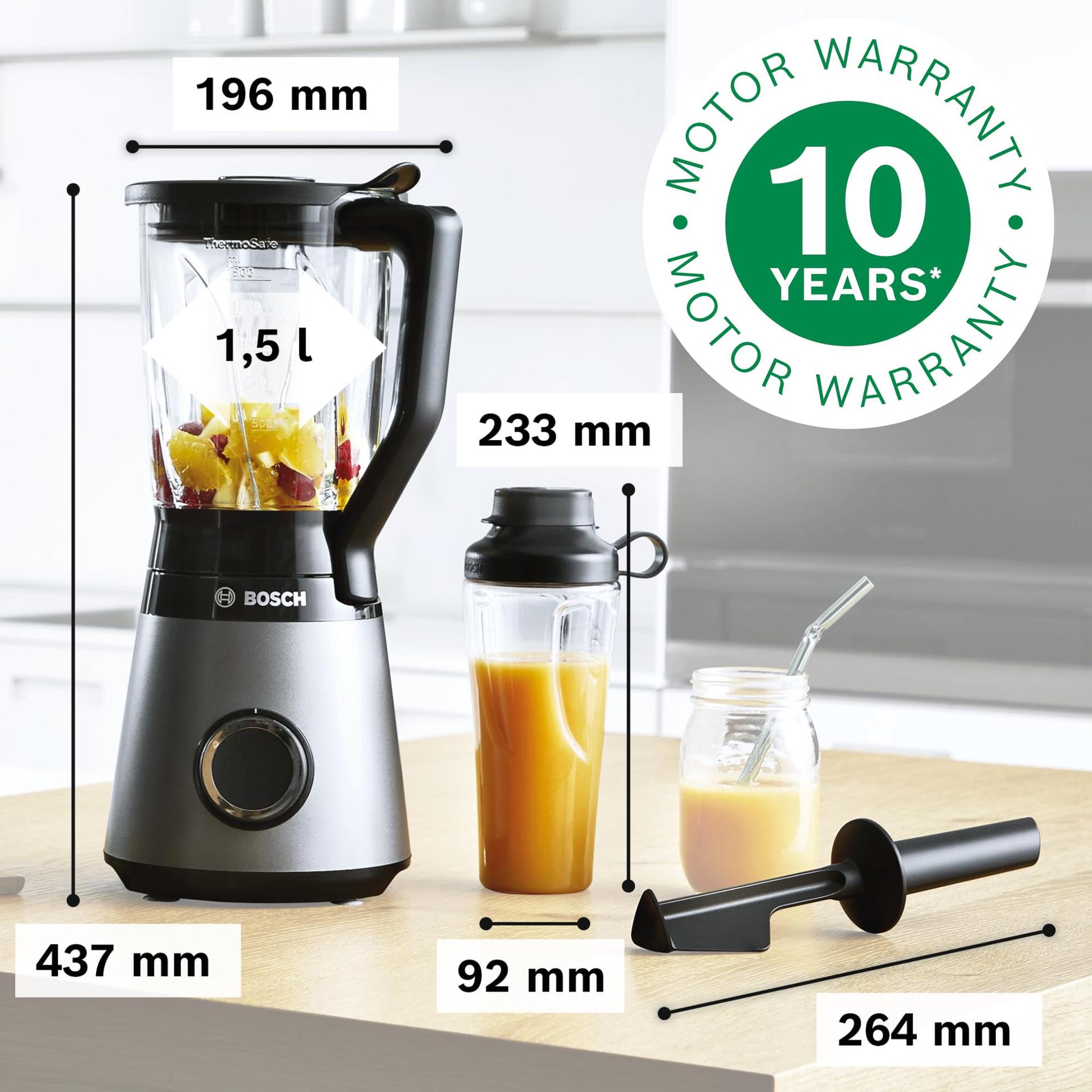 Bosch VitaPower Serie 4 blender MMB6174SN, uuendatud versioon, kvaliteetsed roostevabast terasest terad, 1,5L klaaskann, 0,6L To-Go pudel, nõudepesumasinas pestavad osad, 30 000 p/min, 1200 W, hõbedane – pakend ja tarvikud