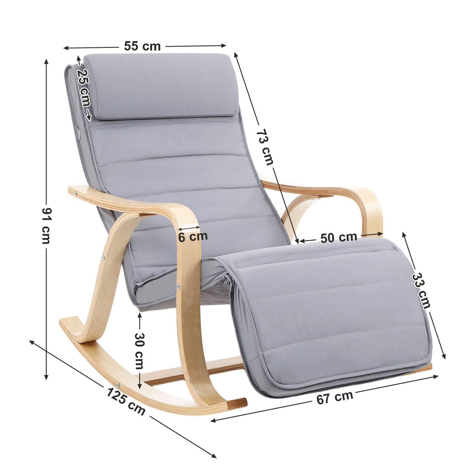 SONGMICS kiiktool kaskepuidust, reguleeritava jalatoega, puuvillane kate, kuni 150 kg kandevõime, elutuba, magamistuba, helehall LYY41G, 67 x 125 x 91 cm – pakend ja tarvikud