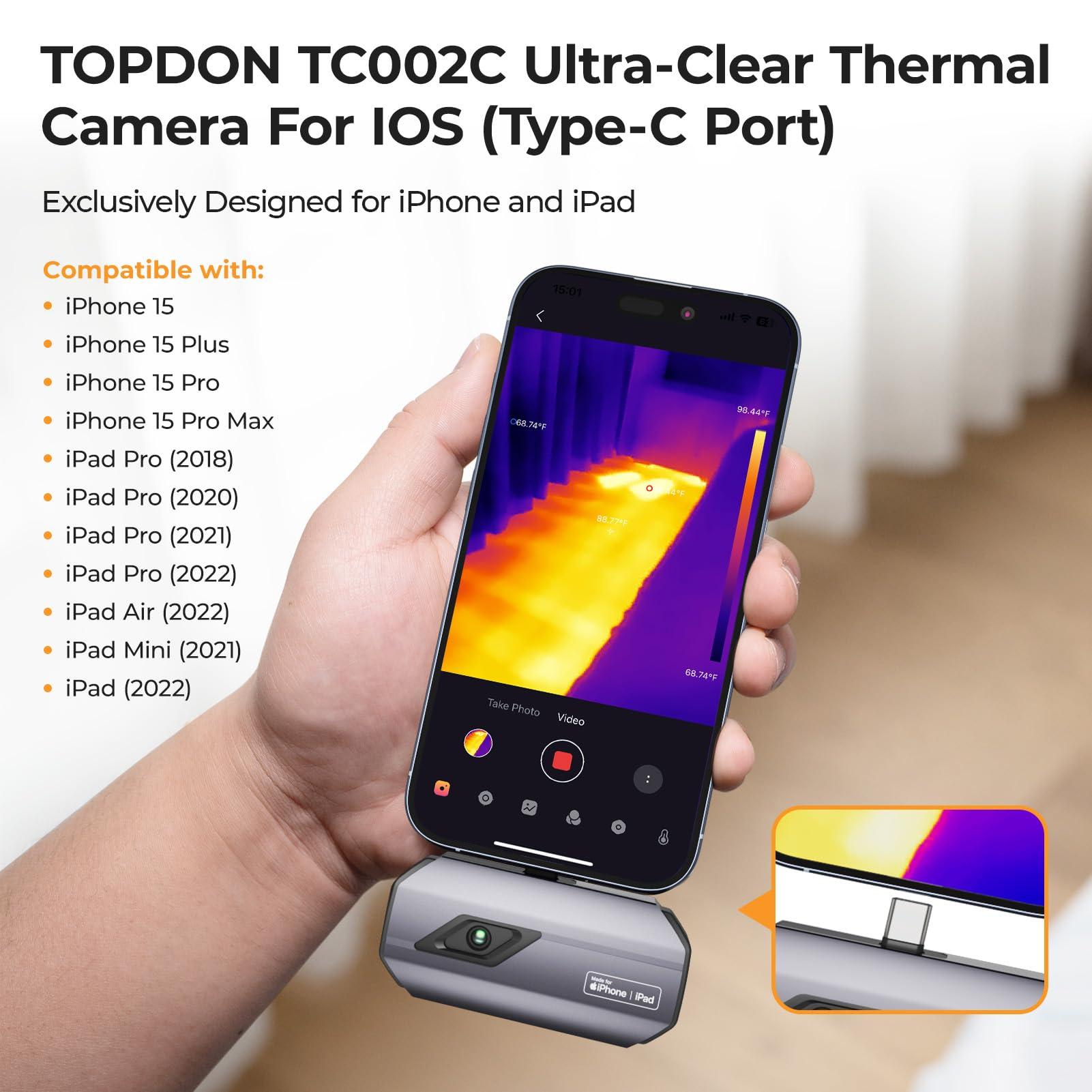 TOPDON TC002C termokaamera iPhone 15/16 seeria ja iPadide jaoks (USB-C ühendus). IR-eraldusvõime 512 x 384 px, temperatuuriulatus –20 °C kuni +550 °C – detailne vaade