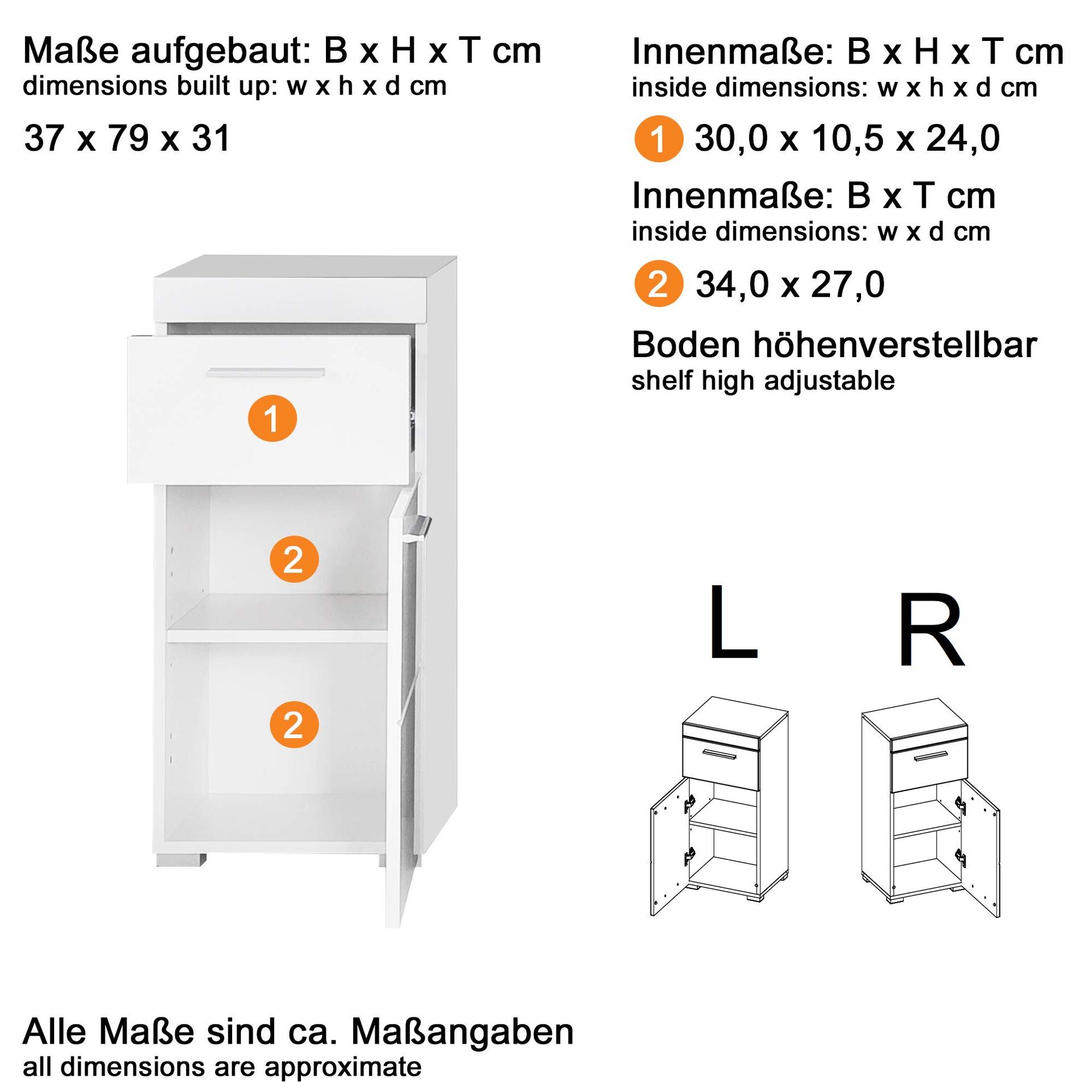 trendteam smart living – Amanda – Kommode – Valge kõrgläige – Kapp – (LxKxS) 37 x 79 x 31 cm – Vannitoakapp 1 ukse ja 1 sahtliga – hõbedased käepidemed – universaalne kasutus – pilt 7