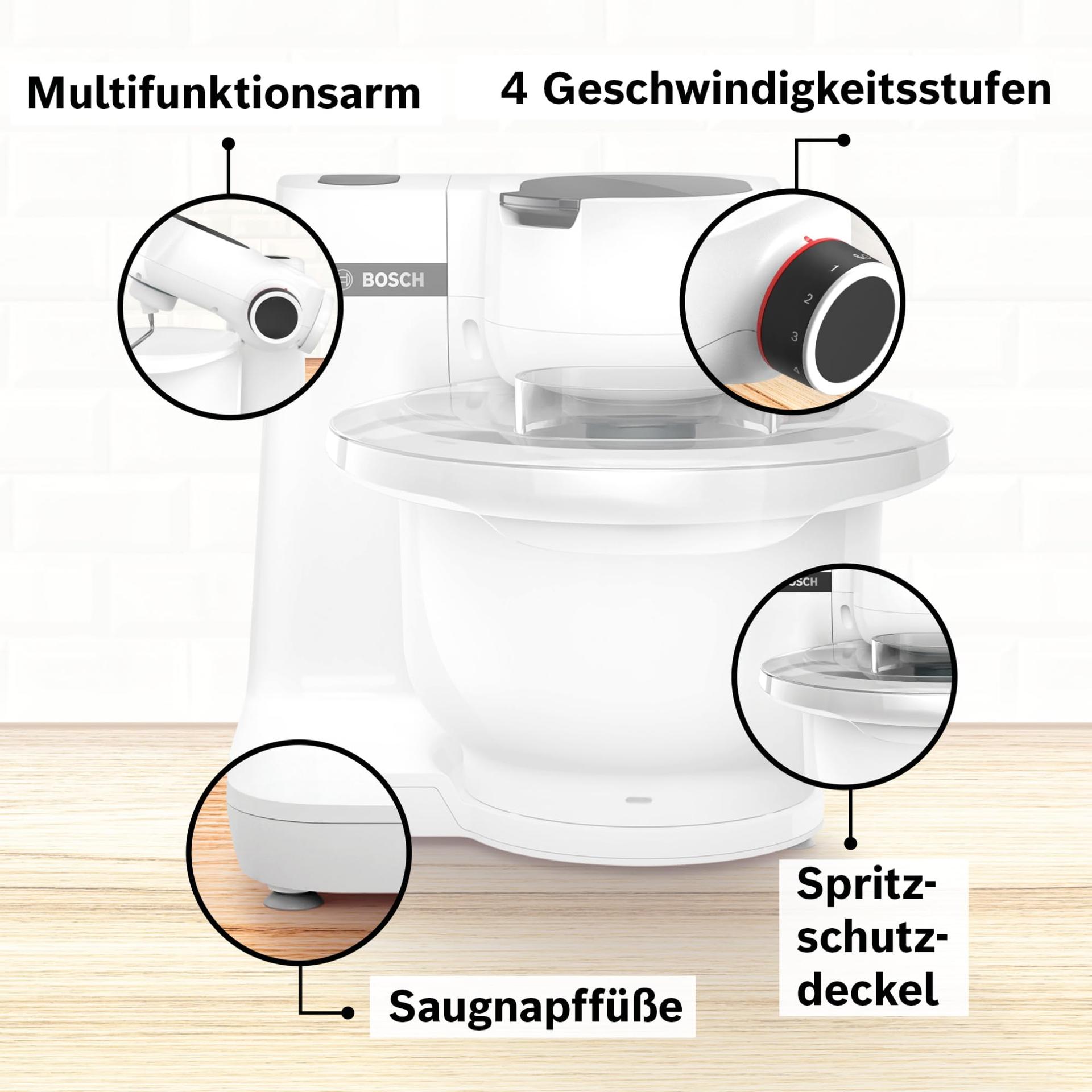 Bosch köögikombain Serie 2 MUMS2AW01, 3,8L plastkauss, viilutaja, 4 lõikeketta, 4 kiirust, taignakonks / vispel / segamisvispel, nõudepesumasinas pestav, 700 W, valge – lisavaade